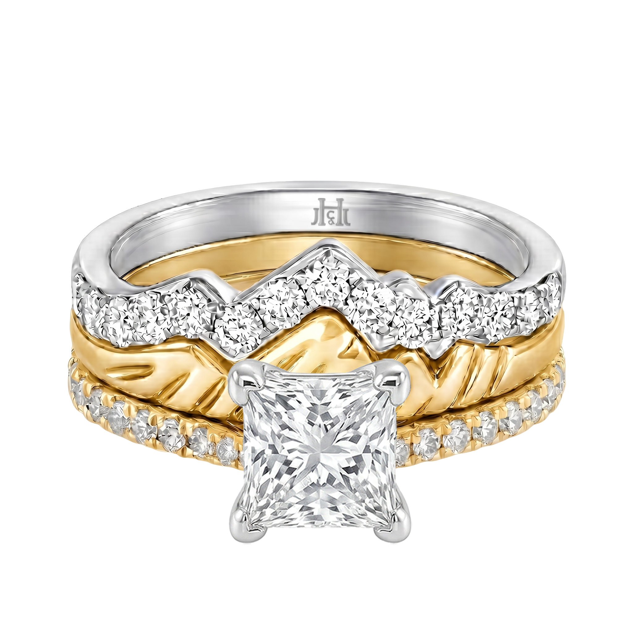 Le Grande Teton Princess Cut Diamond Solitaire Engagement Trio Stack Rings with Pavé Set in 18K Gold - Jackson Hole Jewelry Company