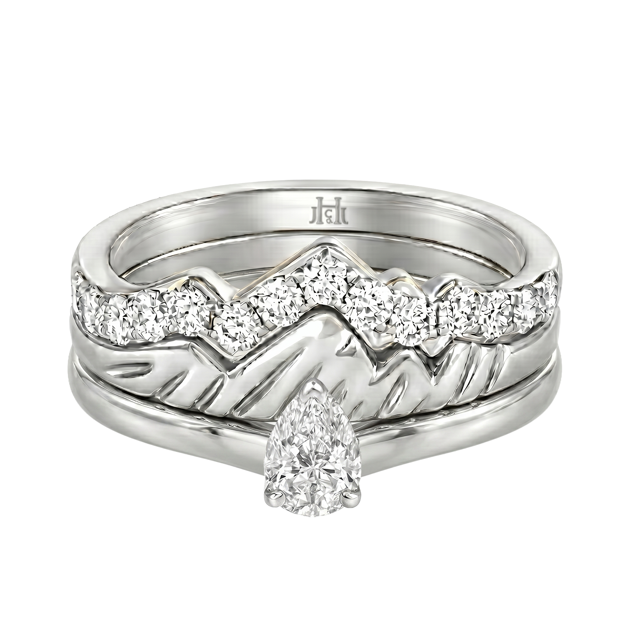 Le PeTeton Pear Shape Cut Diamond Solitaire Engagement Trio Stack Rings in 18K Gold - Jackson Hole Jewelry Company
