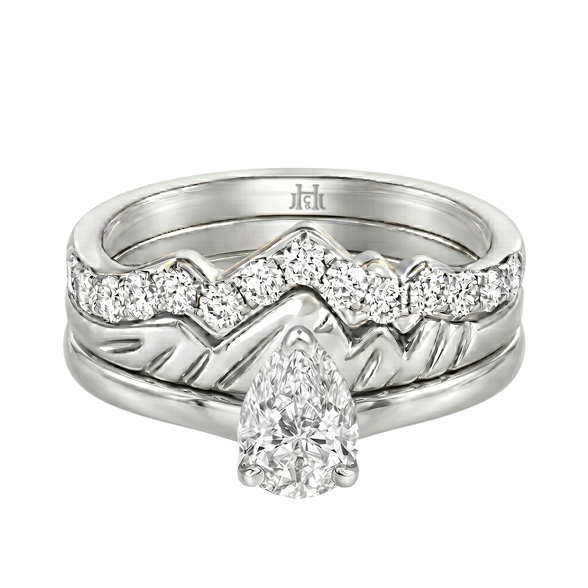 Le Grande Teton Pear Shape Cut Diamond Solitaire Engagement Trio Stack Rings in 18K Gold - Jackson Hole Jewelry Company