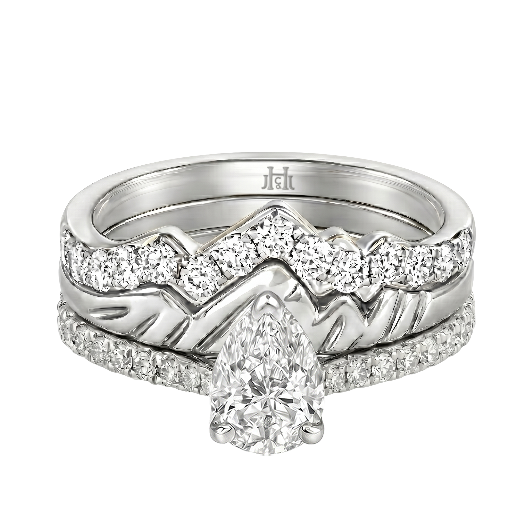 Le Grande Teton Pear Shape Cut Diamond Solitaire Engagement Trio Stack Rings with Pavé Set in 18K Gold - Jackson Hole Jewelry Company