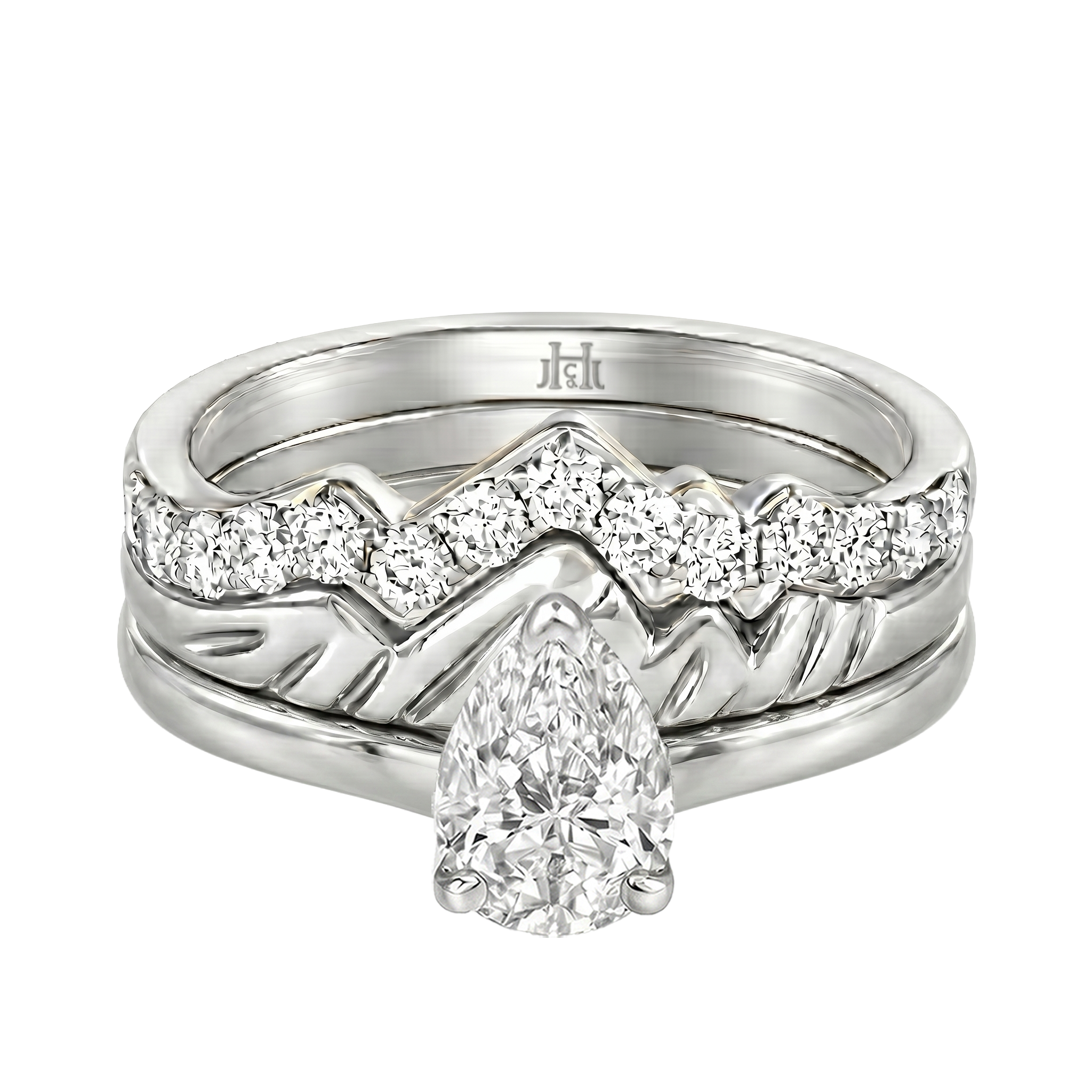 Le Grande Teton Pear Shape Cut Diamond Solitaire Engagement Trio Stack Rings in 18K Gold - Jackson Hole Jewelry Company