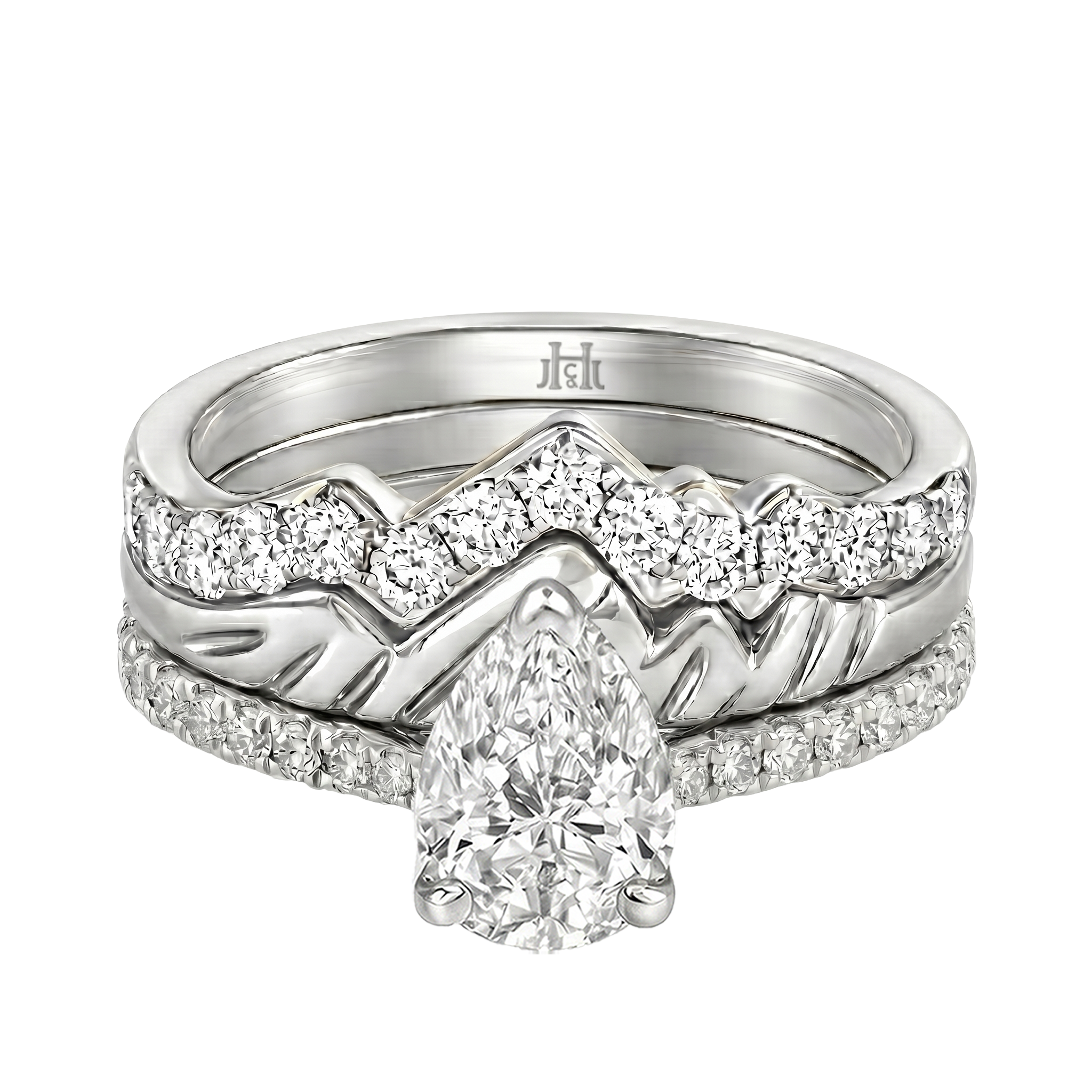 Le Grande Teton Pear Shape Cut Diamond Solitaire Engagement Trio Stack Rings with Pavé Set in 18K Gold - Jackson Hole Jewelry Company