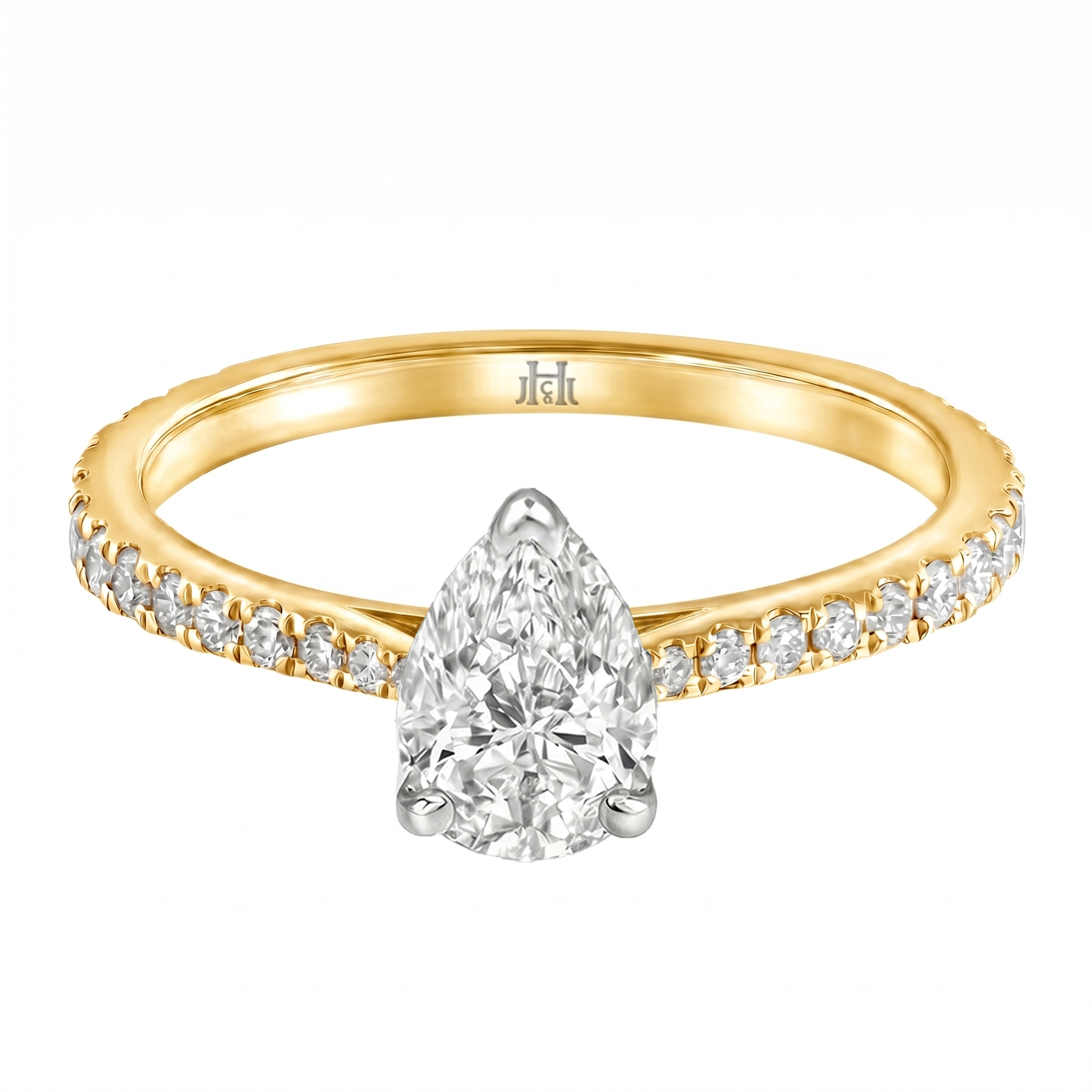 Le Grande Teton Pear Shape Cut Diamond Solitaire Engagement Ring with Pavé Set in 18K Gold - Jackson Hole Jewelry Company