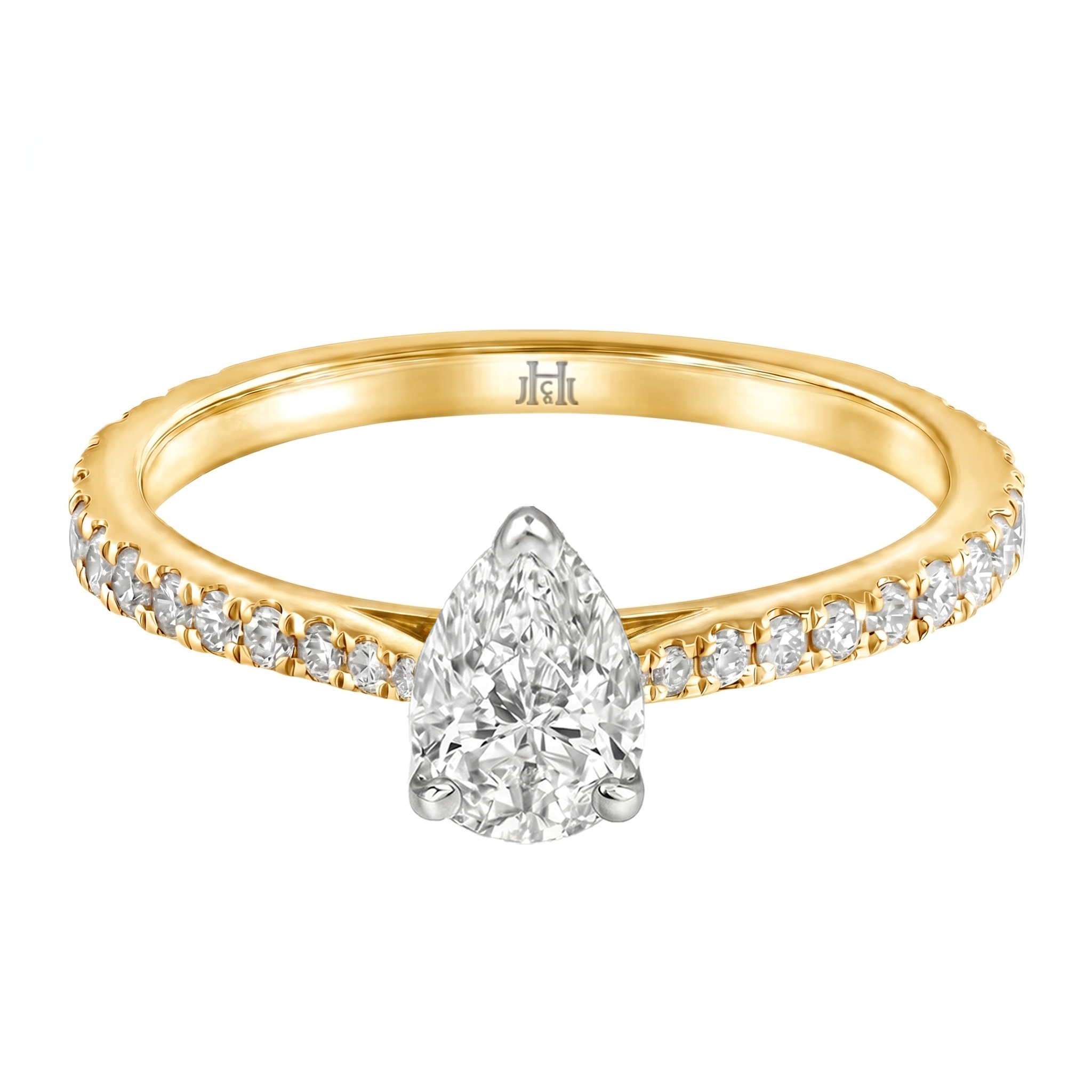 Le Grande Teton Pear Shape Cut Diamond Solitaire Engagement Ring with Pavé Set in 18K Gold - Jackson Hole Jewelry Company