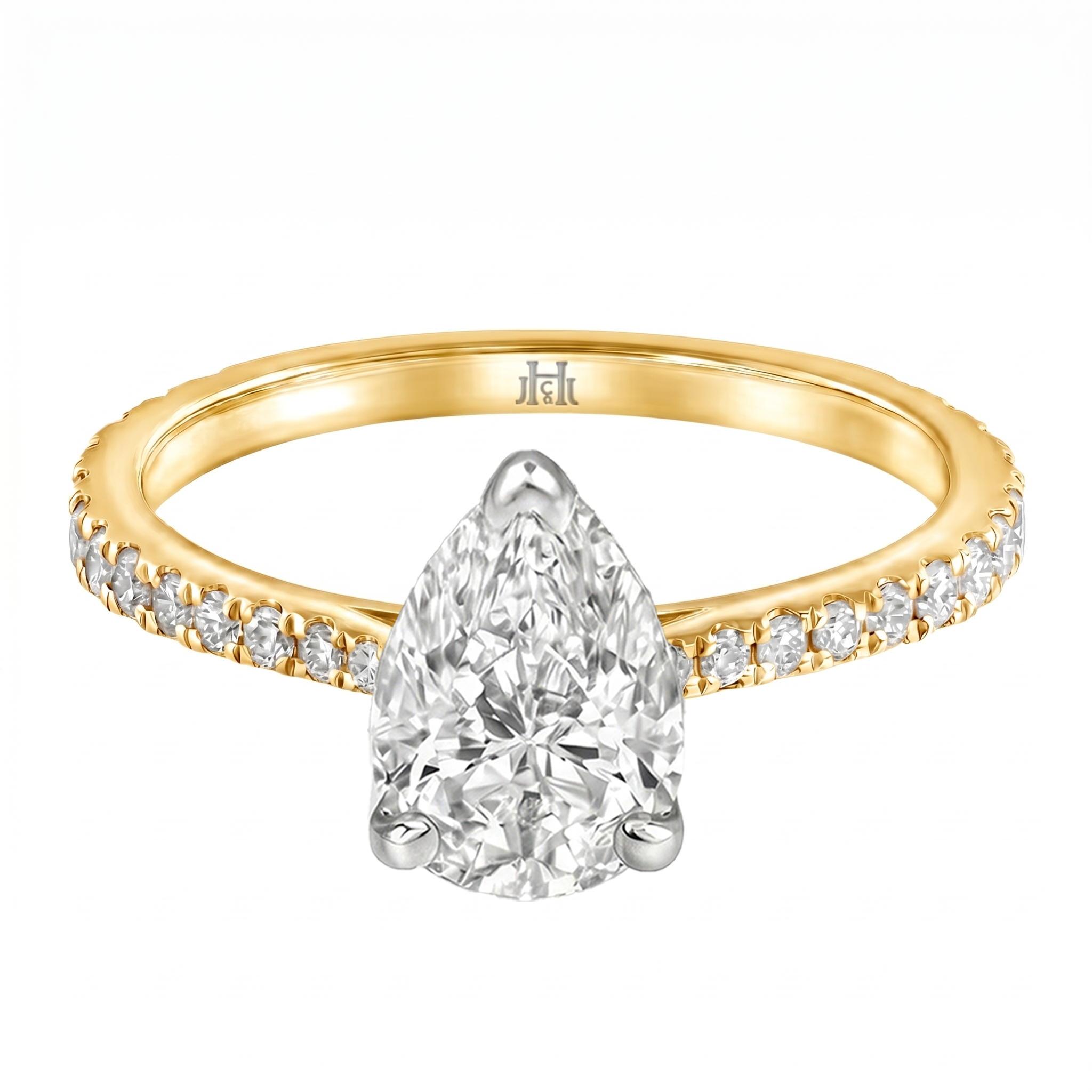 Le Grande Teton Pear Shape Cut Diamond Solitaire Engagement Ring with Pavé Set in 18K Gold - Jackson Hole Jewelry Company