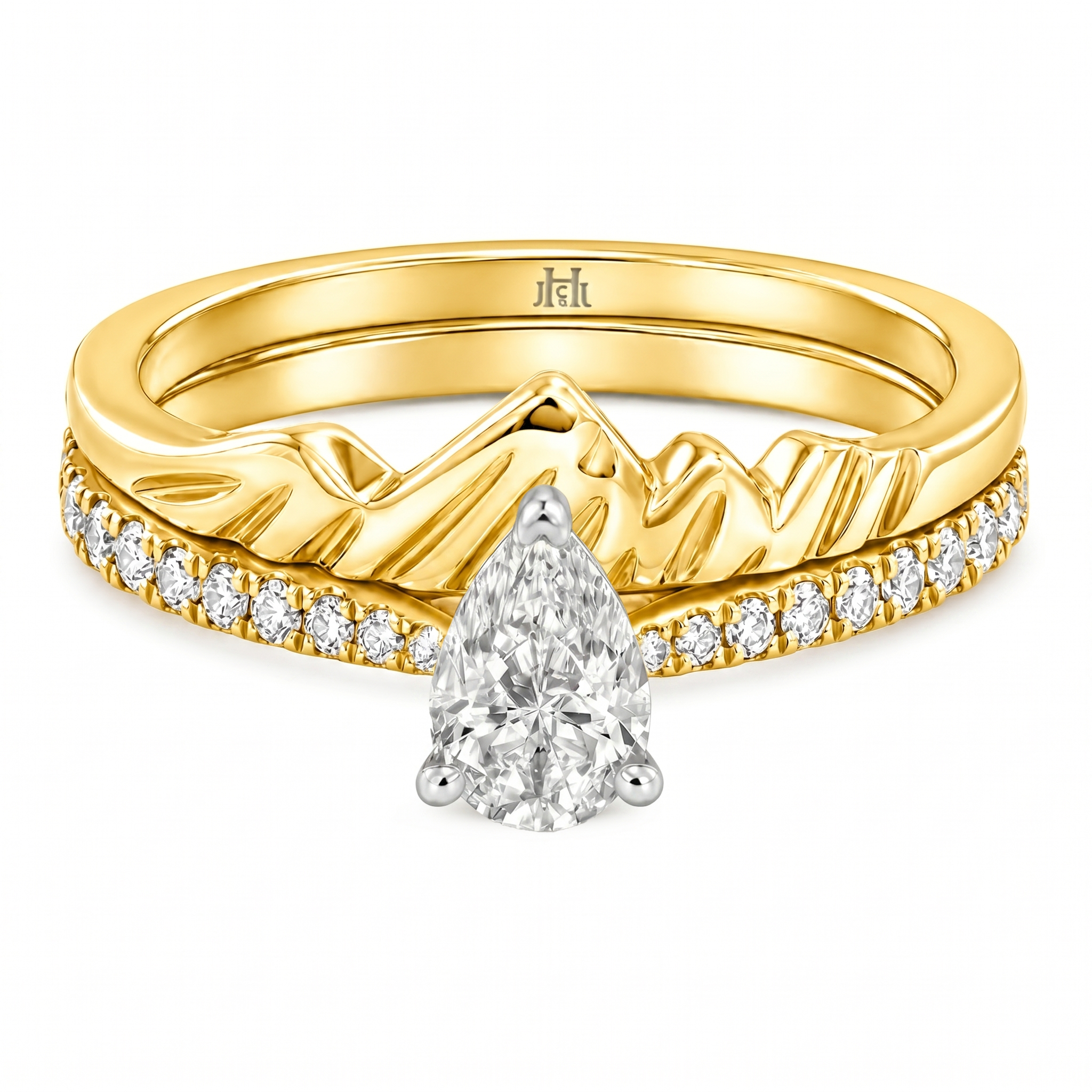 Le PeTeton Pear Diamond Solitaire Engagement Dúo Stack Rings with Pavé Set in 18K Gold - Jackson Hole Jewelry Company