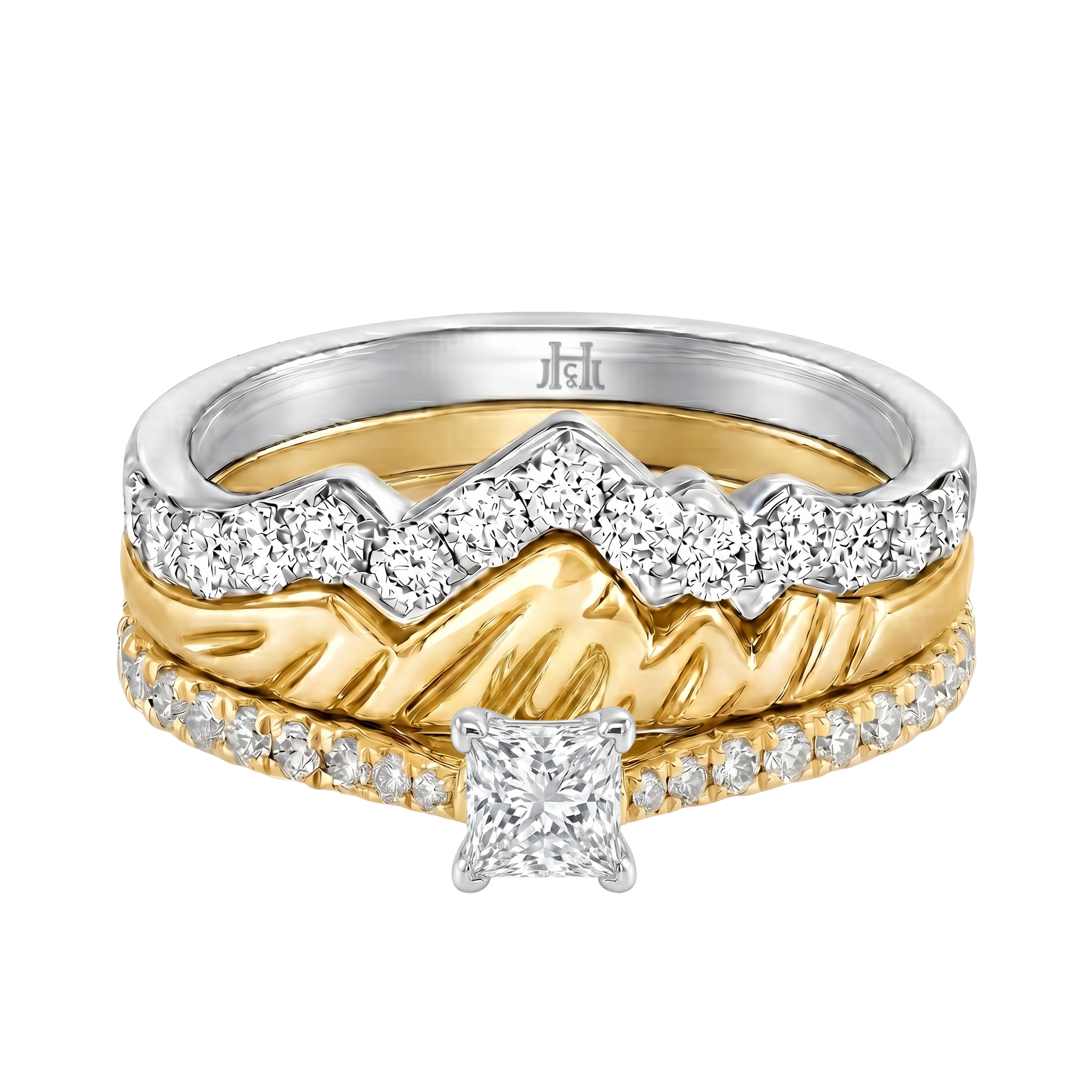 Le PeTeton Princess Cut Diamond Solitaire Engagement Trio Stack Rings with Pavé Set in 18K Gold - Jackson Hole Jewelry Company