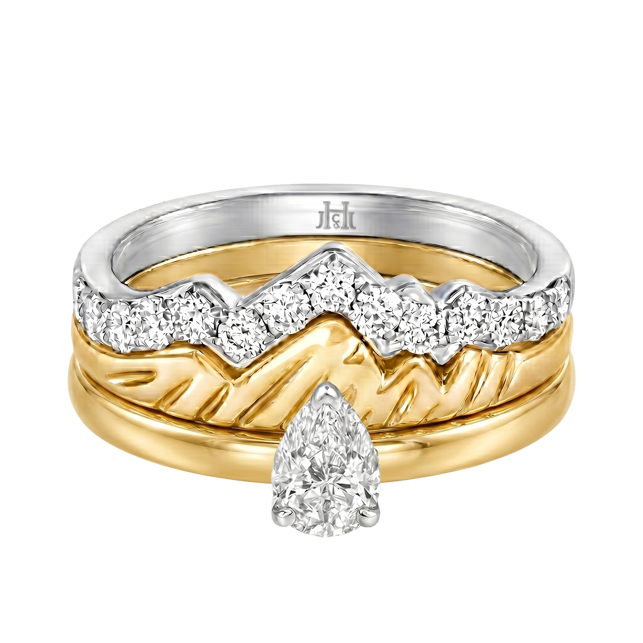 Le PeTeton Pear Shape Cut Diamond Solitaire Engagement Trio Stack Rings in 18K Gold - Jackson Hole Jewelry Company