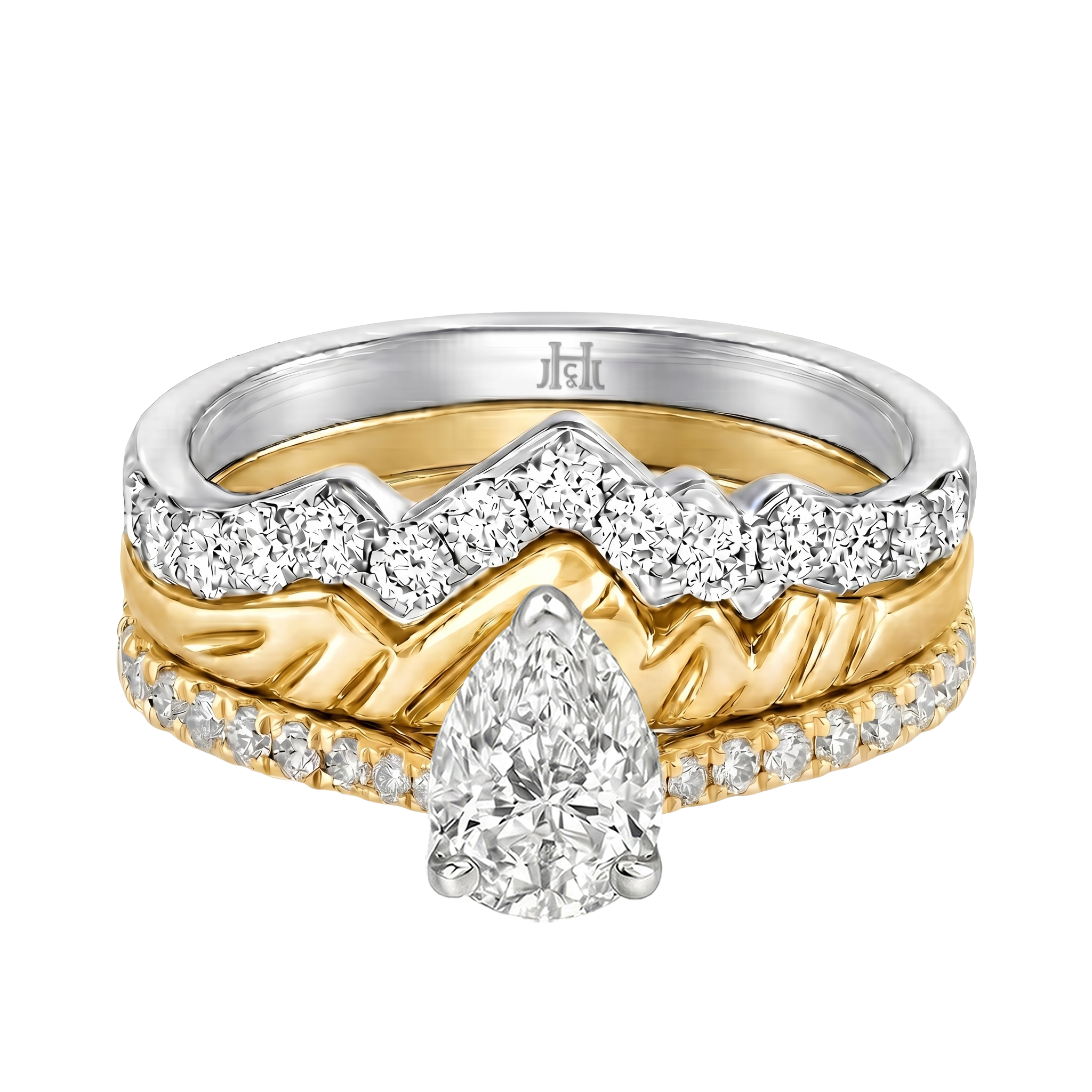Le Grande Teton Pear Shape Cut Diamond Solitaire Engagement Trio Stack Rings with Pavé Set in 18K Gold - Jackson Hole Jewelry Company