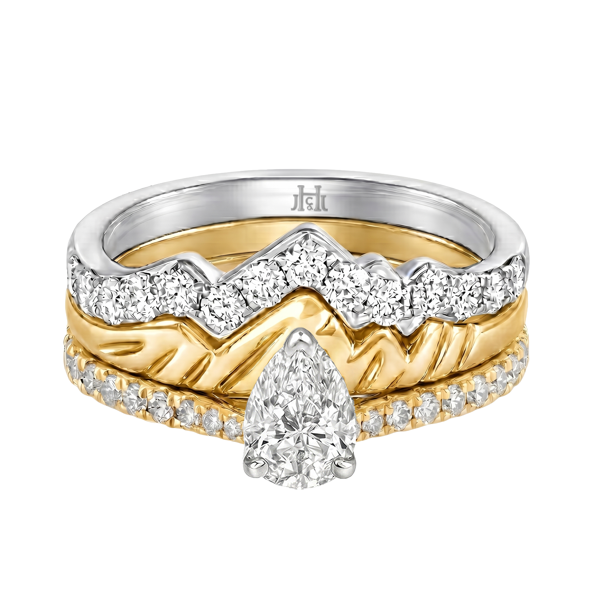 Le Grande Teton Pear Shape Cut Diamond Solitaire Engagement Trio Stack Rings with Pavé Set in 18K Gold - Jackson Hole Jewelry Company