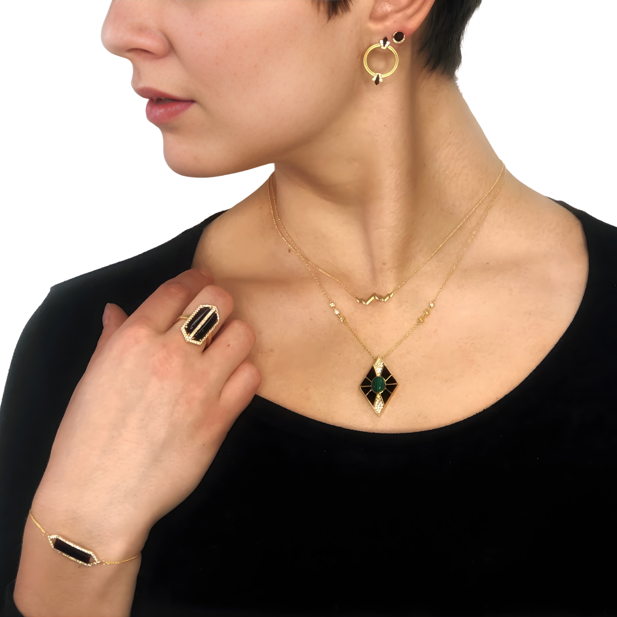 Doves Gatsby Black Onyx & Diamond Circle Earrings in 18K Yellow Gold 0.18 cttw - Jackson Hole Jewelry Company