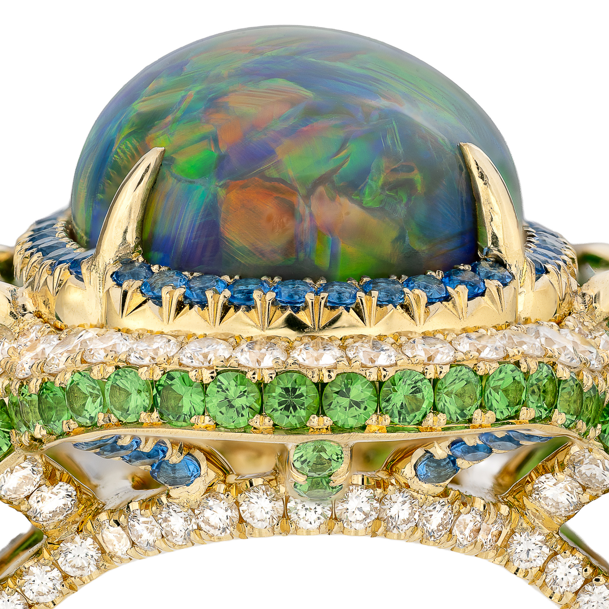 Omi Privé Australian Black Opal, Tsavorite, Hauyne & Diamond Ring in 18K Yellow Gold - Jackson Hole Jewelry Company