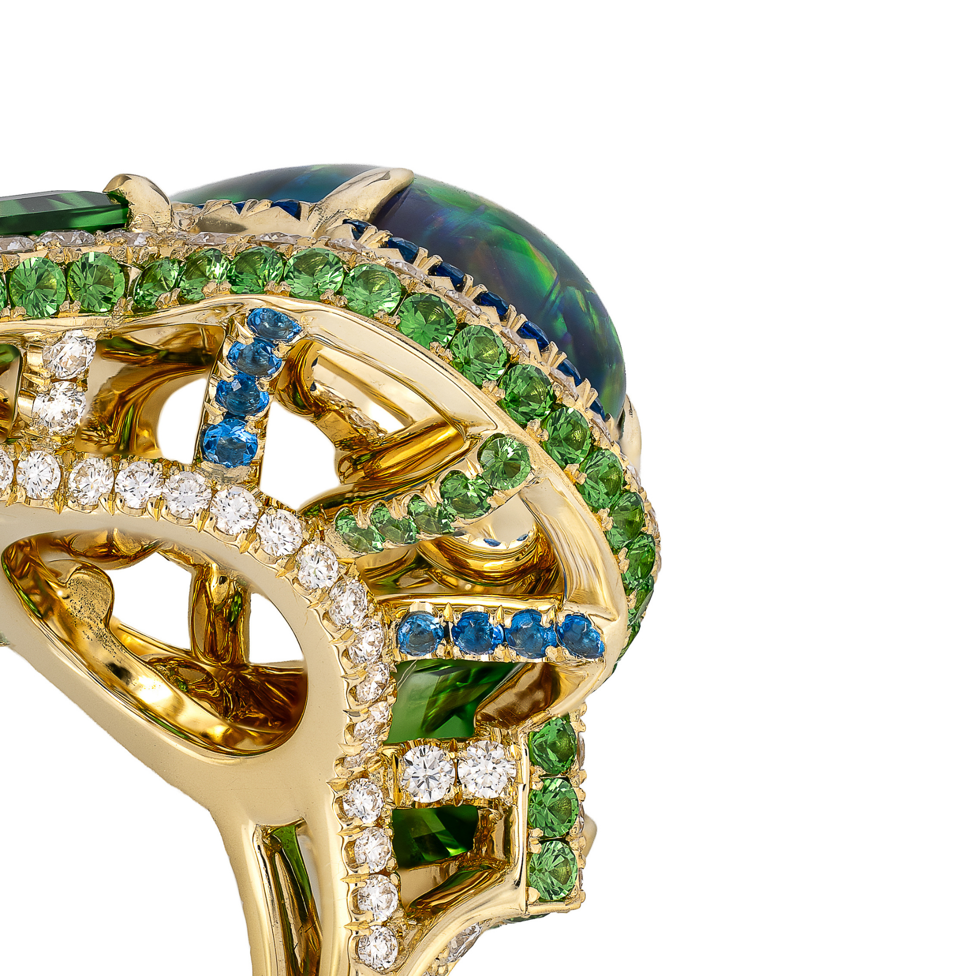 Omi Privé Australian Black Opal, Tsavorite, Hauyne & Diamond Ring in 18K Yellow Gold - Jackson Hole Jewelry Company