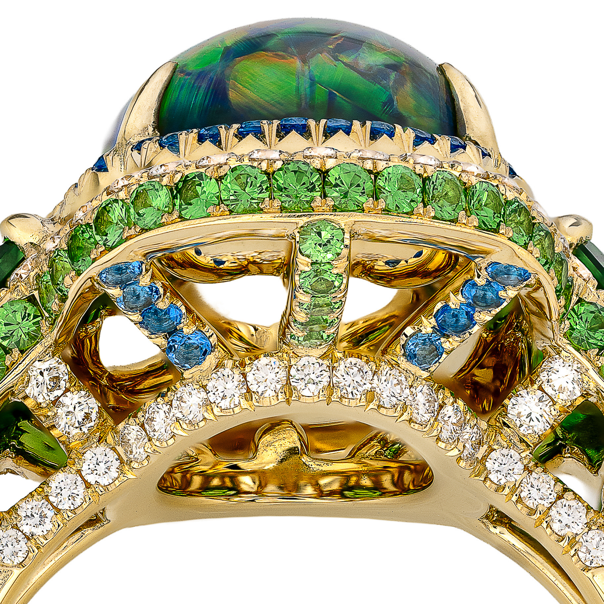 Omi Privé Australian Black Opal, Tsavorite, Hauyne & Diamond Ring in 18K Yellow Gold - Jackson Hole Jewelry Company