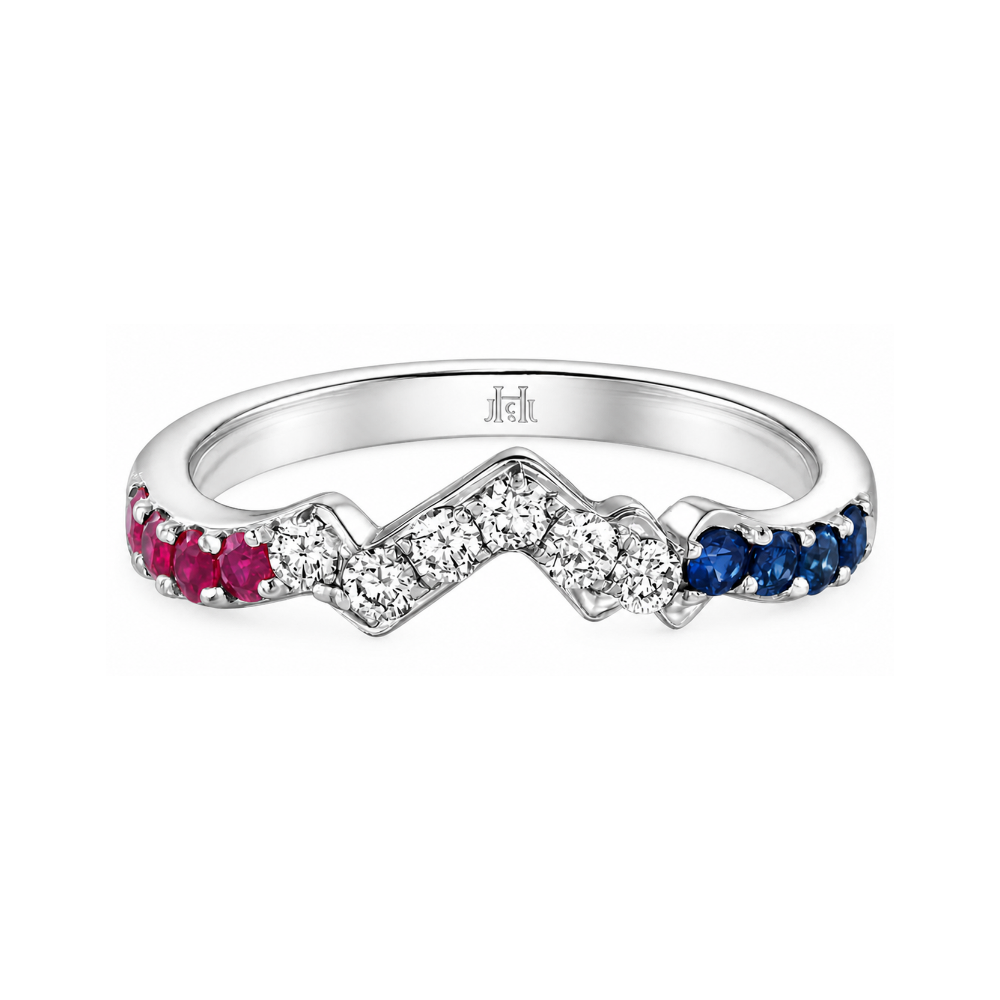 USA Diamond Snow Top Ring with Rubies and Sapphires in 18K White Gold - Jackson Hole Jewelry Company