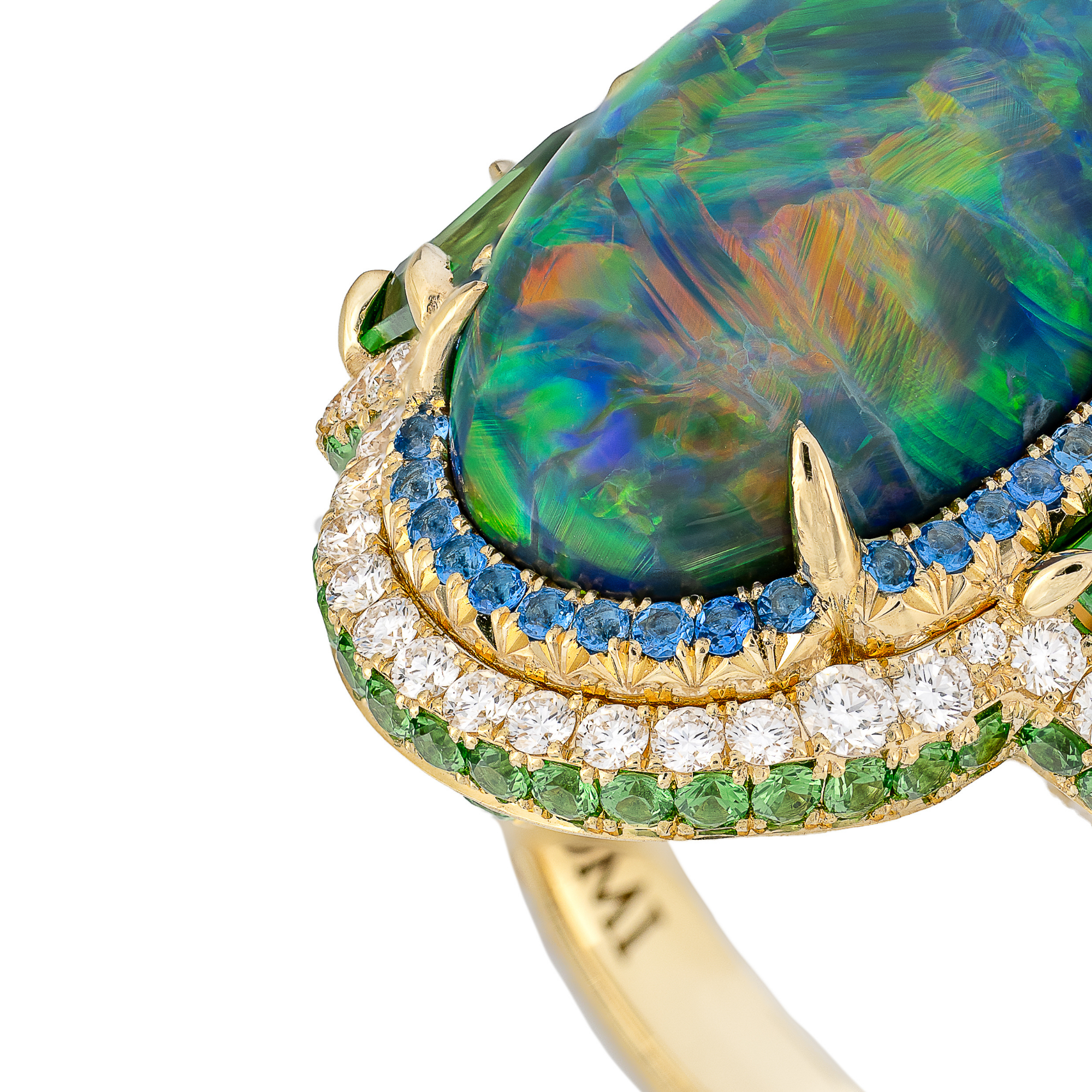 Omi Privé Australian Black Opal, Tsavorite, Hauyne & Diamond Ring in 18K Yellow Gold - Jackson Hole Jewelry Company