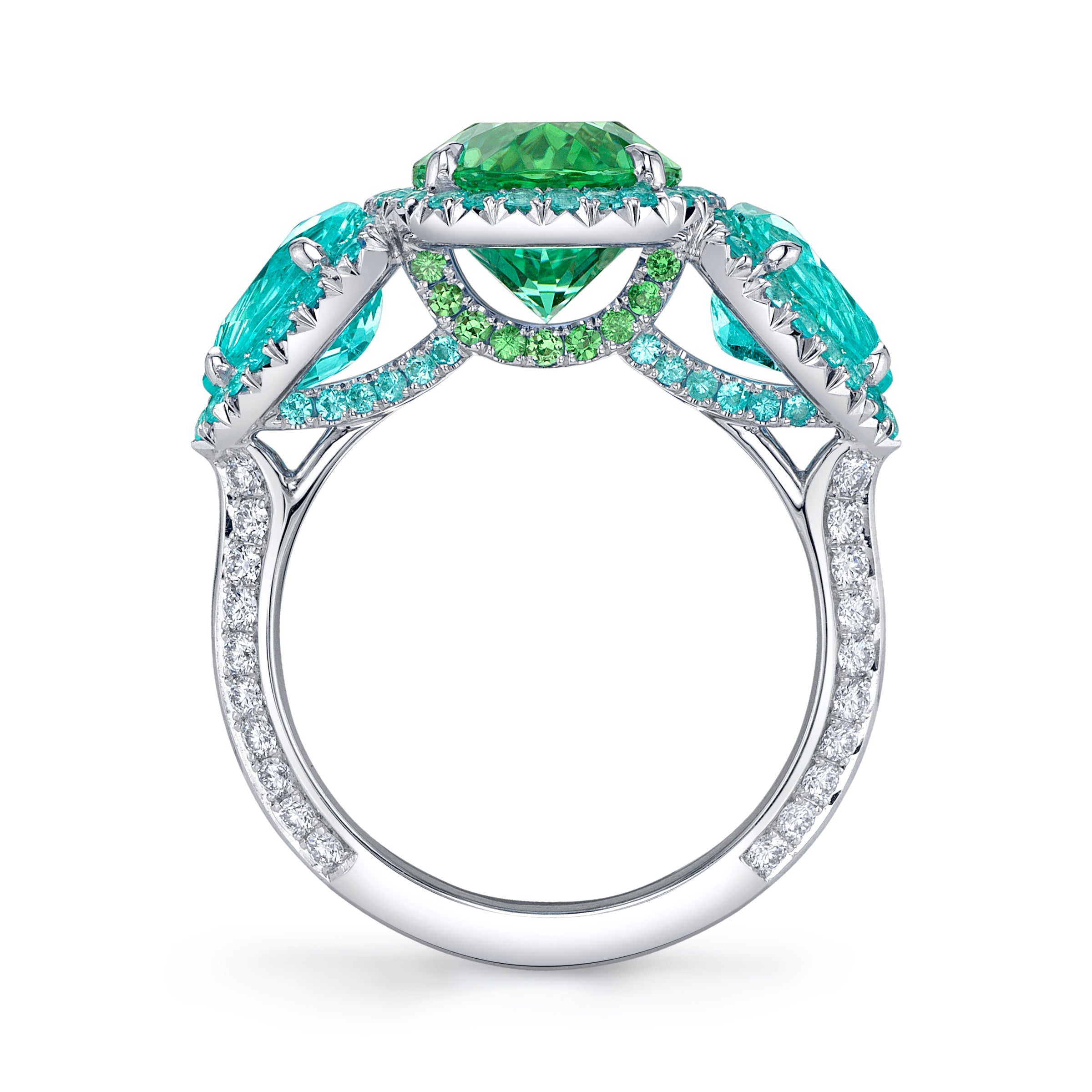 Omi Privé Green Tourmaline, Paraiba Type Tourmaline, Paraiba, Tsavorite Garnet & Diamond Ring in Platinum - Jackson Hole Jewelry Company