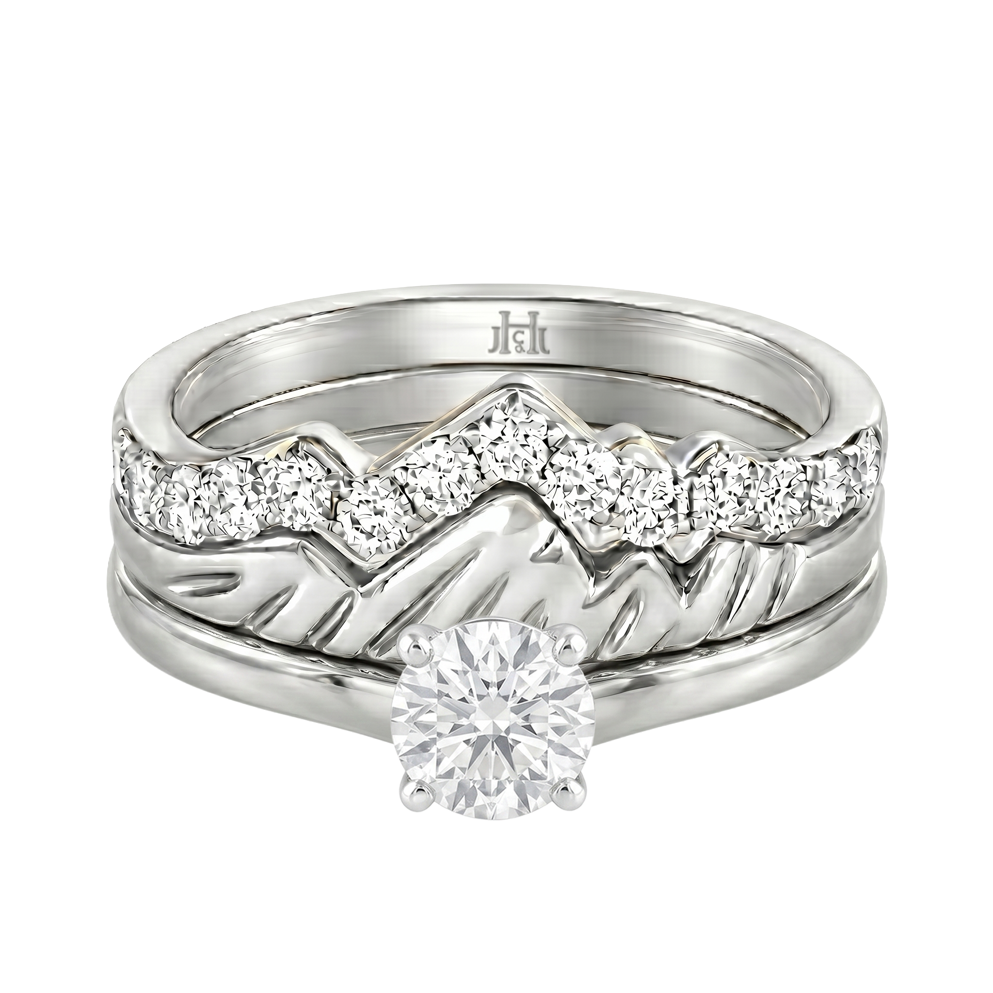 Le PeTeton Round French Cut Diamond Solitaire Engagement Trio Stack Rings in 18K Gold - Jackson Hole Jewelry Company