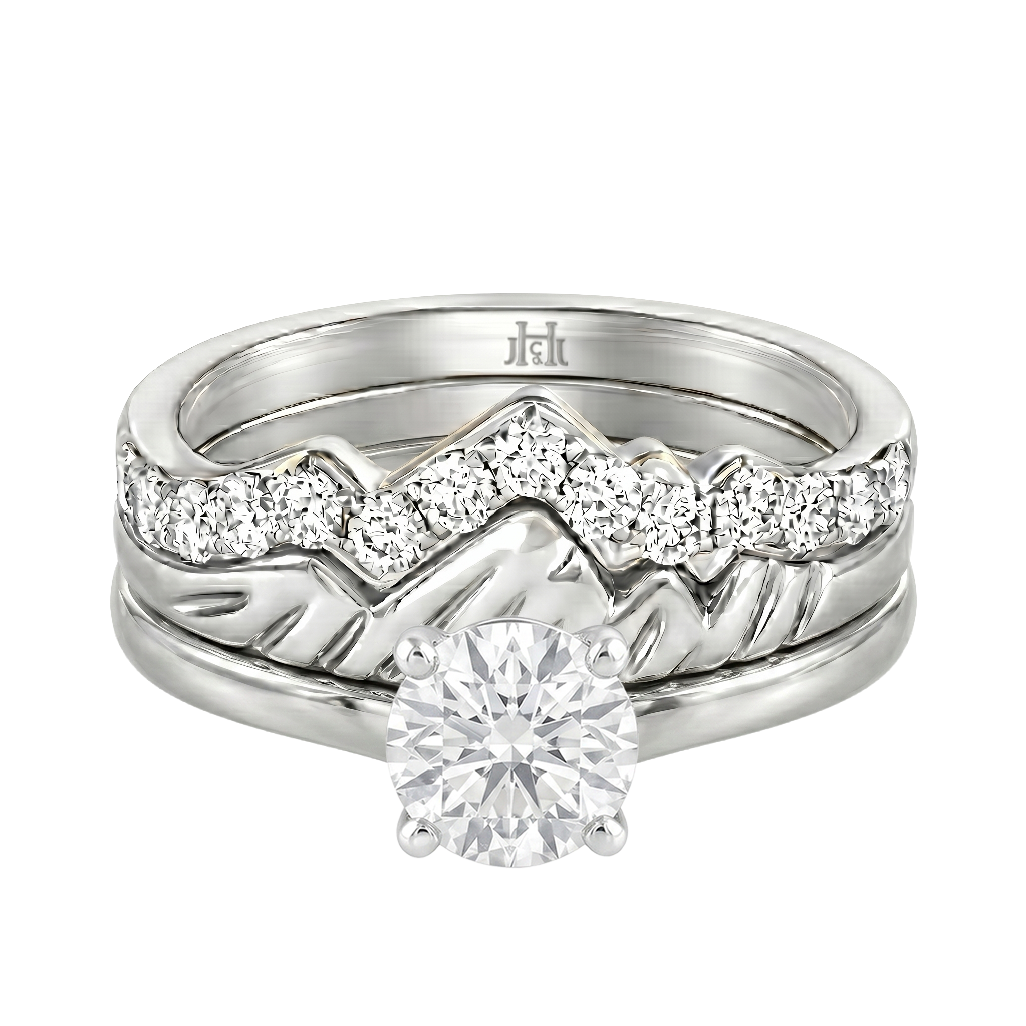 Le Grande Teton Round French Cut Diamond Solitaire Engagement Trio Stack Rings in 18K Gold - Jackson Hole Jewelry Company