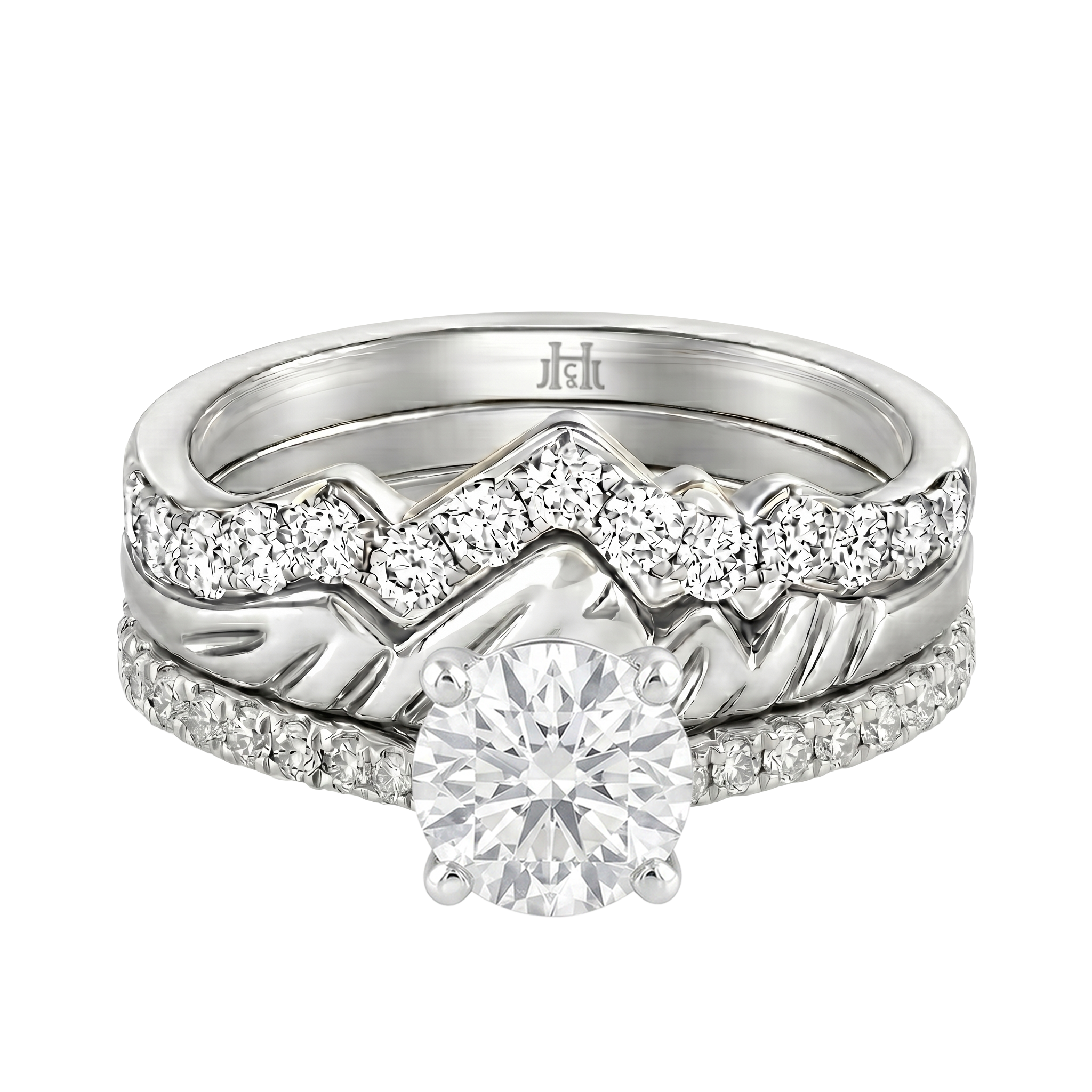 Le Grande Teton Round French Cut Diamond Solitaire Engagement Trio Stack Rings with Pavé Set in 18K Gold - Jackson Hole Jewelry Company