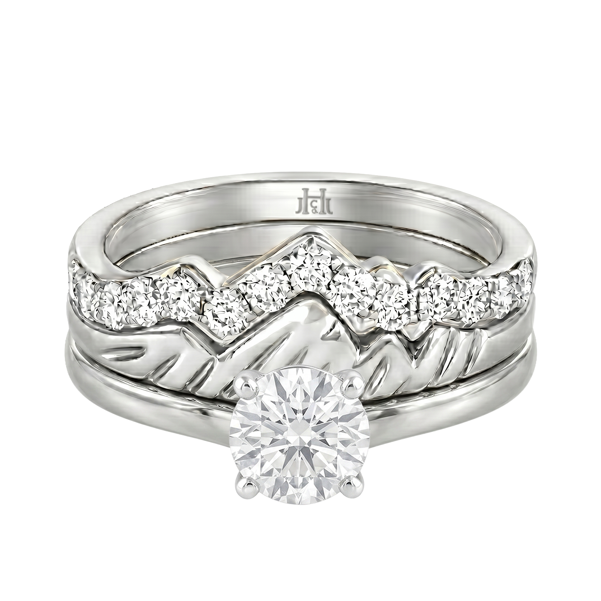 Le Grande Teton Round French Cut Diamond Solitaire Engagement Trio Stack Rings in 18K Gold - Jackson Hole Jewelry Company