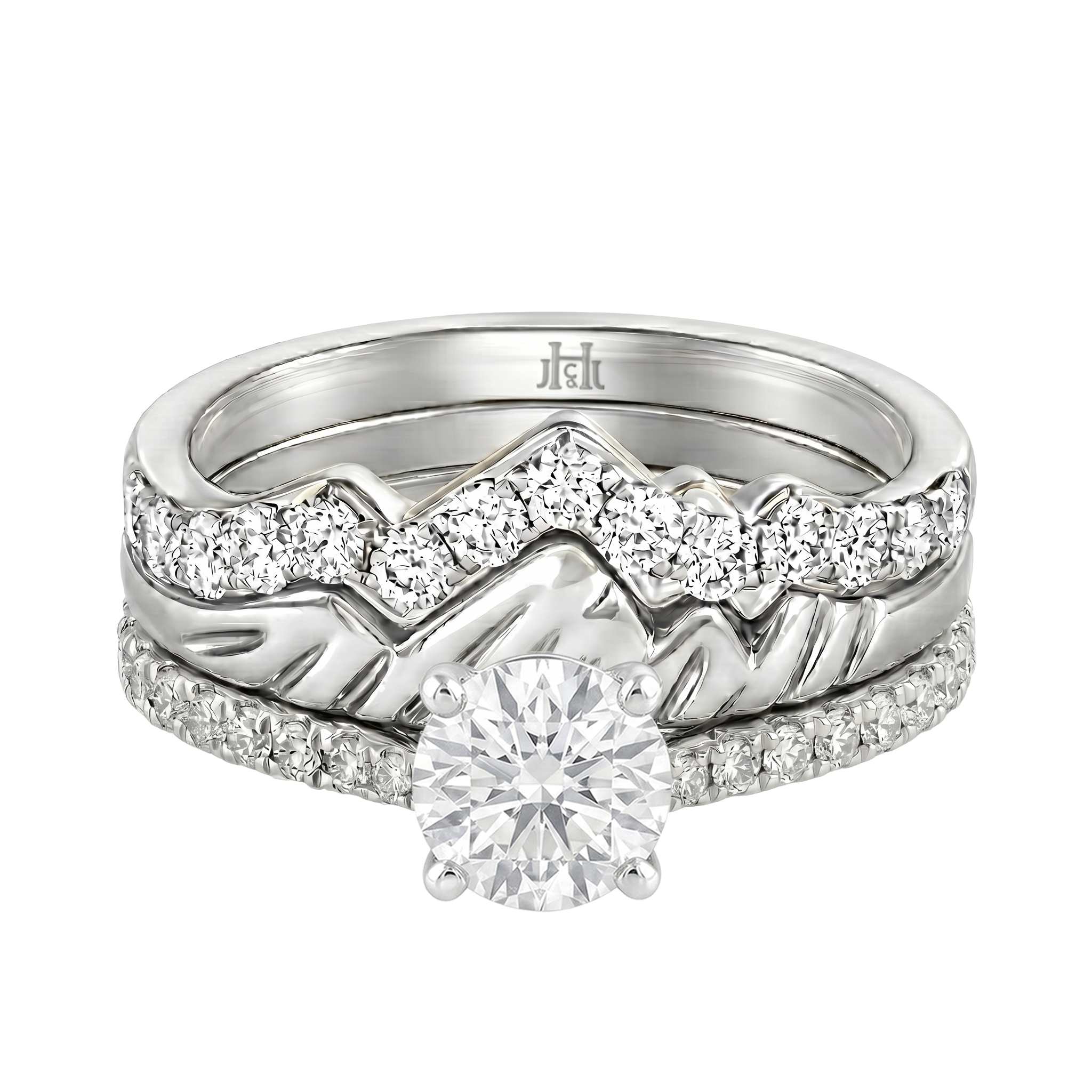 Le Grande Teton Round French Cut Diamond Solitaire Engagement Trio Stack Rings with Pavé Set in 18K Gold - Jackson Hole Jewelry Company