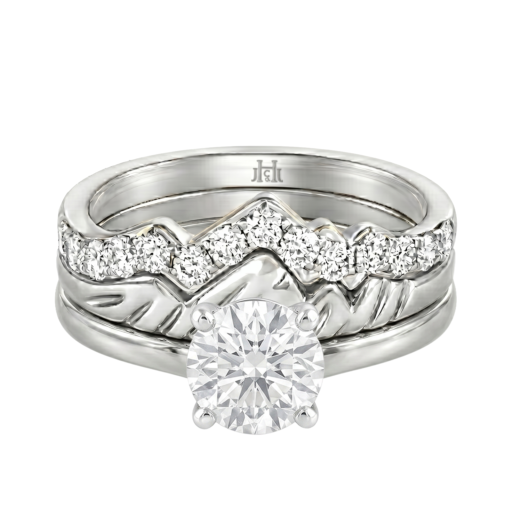 Le Grande Teton Round French Cut Diamond Solitaire Engagement Trio Stack Rings in 18K Gold - Jackson Hole Jewelry Company