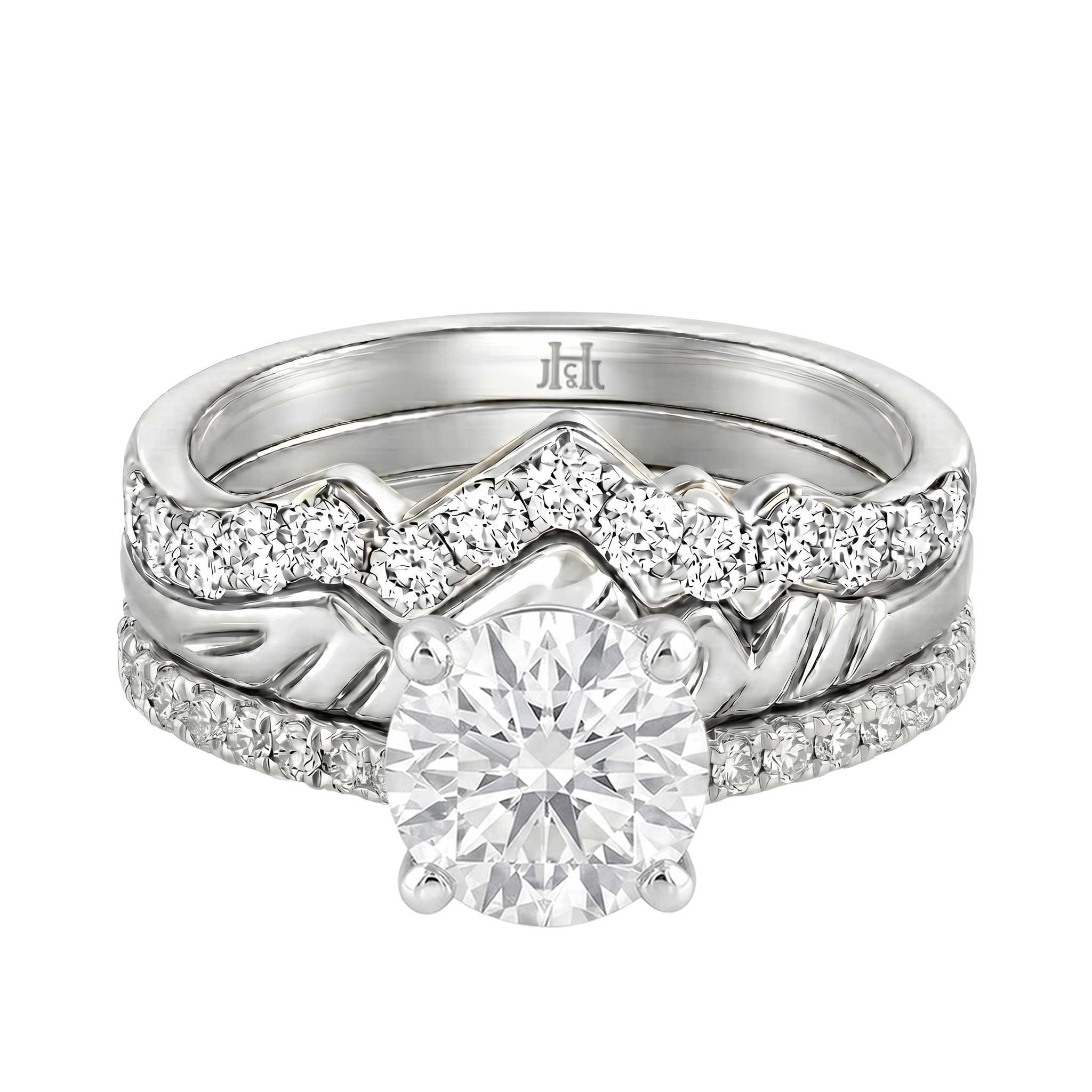 Le Grande Teton Round French Cut Diamond Solitaire Engagement Trio Stack Rings with Pavé Set in 18K Gold - Jackson Hole Jewelry Company