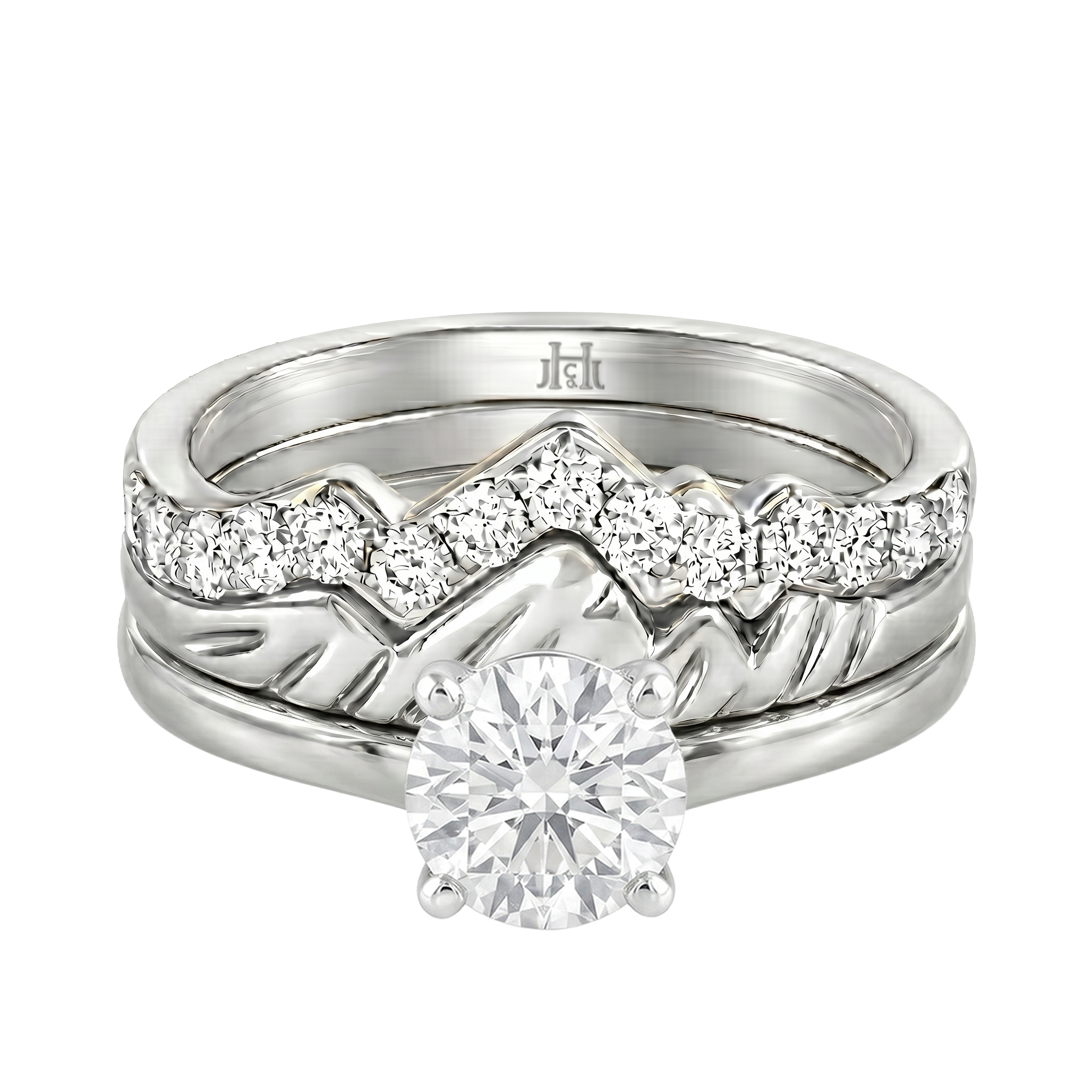 Le Grande Teton Round French Cut Diamond Solitaire Engagement Trio Stack Rings in 18K Gold - Jackson Hole Jewelry Company