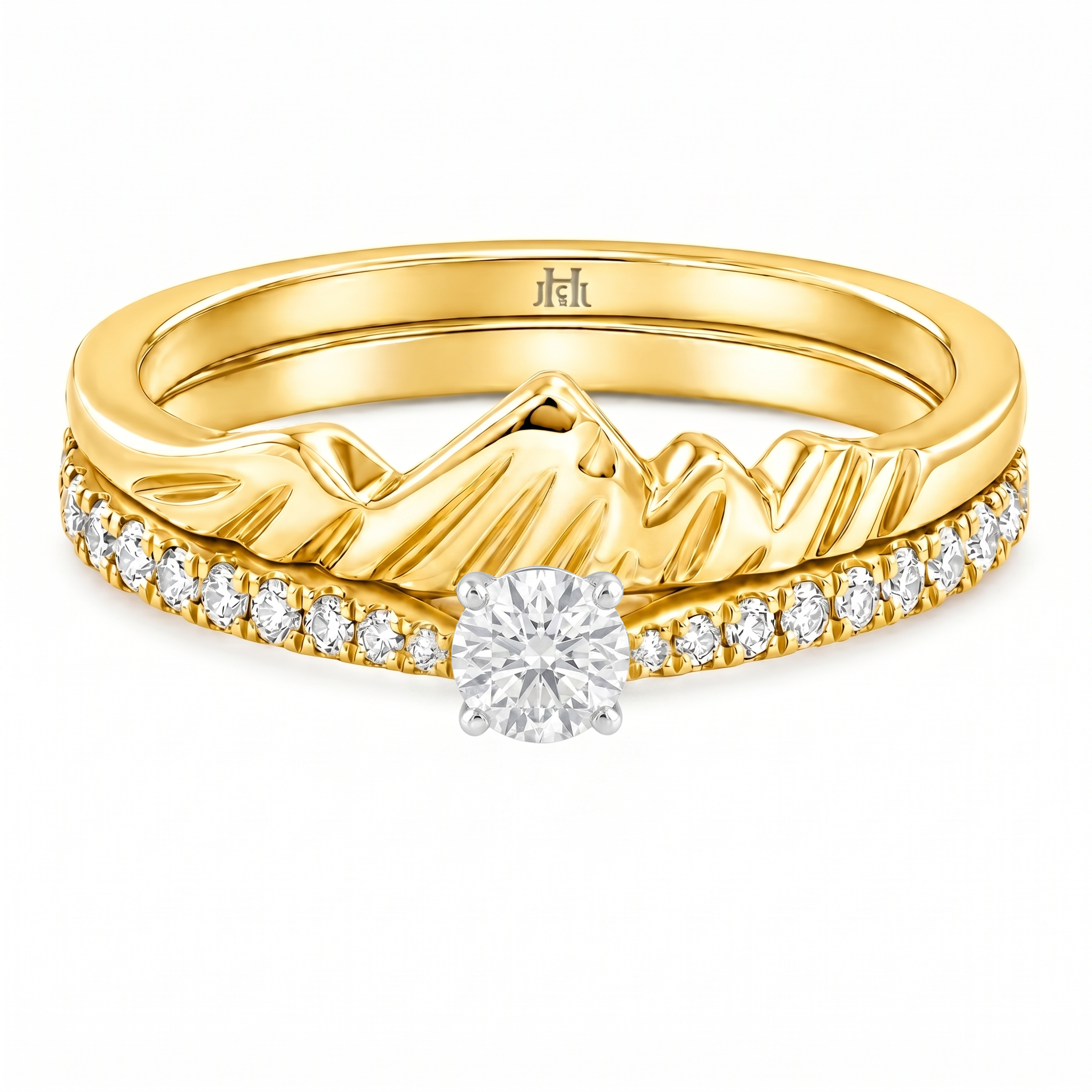 Le PeTeton Round French Cut Diamond Solitaire Engagement Dúo Stack Rings with Pavé Set in 18K Gold - Jackson Hole Jewelry Company