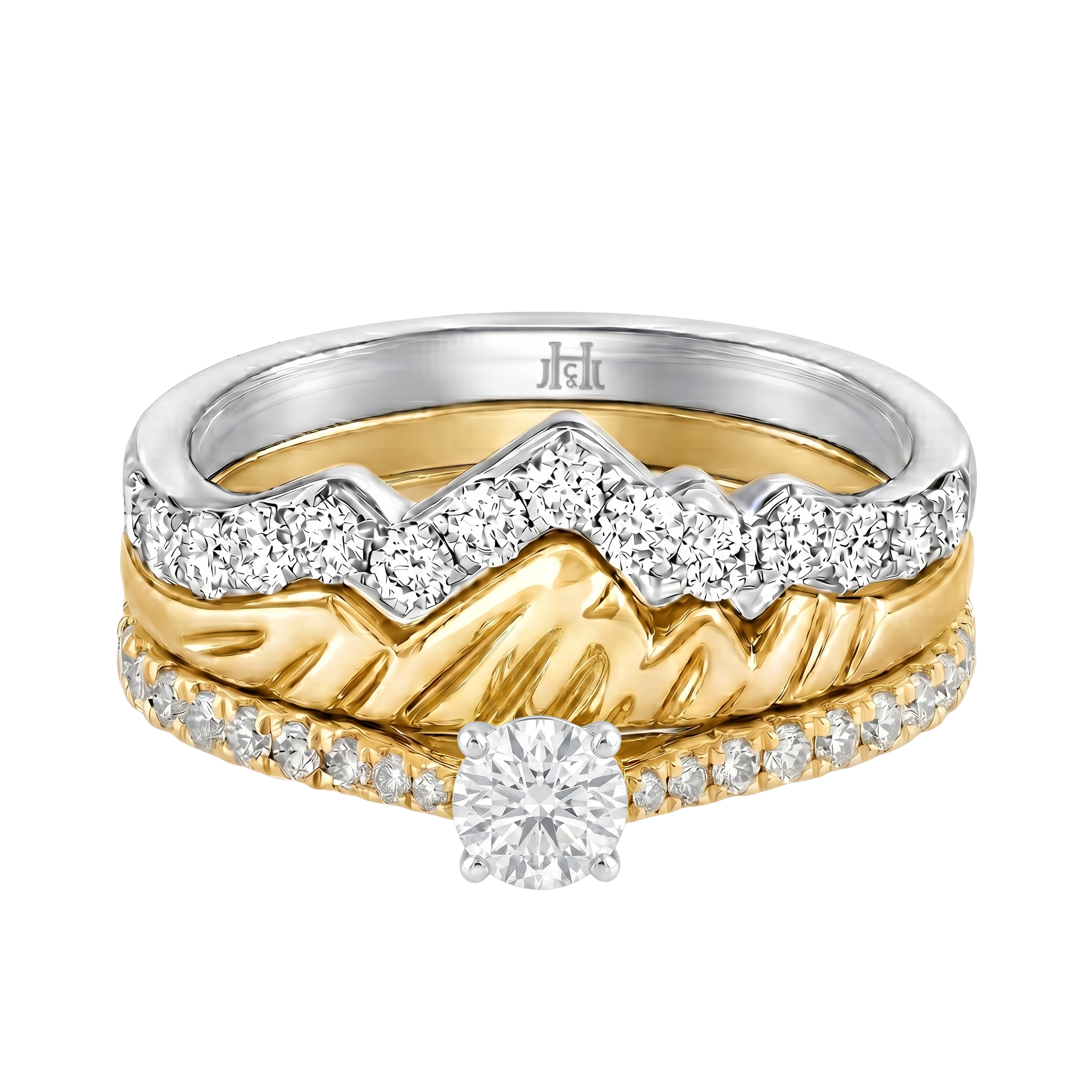 Le PeTeton Round French Cut Diamond Solitaire Engagement Trio Stack Rings with Pavé Set in 18K Gold - Jackson Hole Jewelry Company