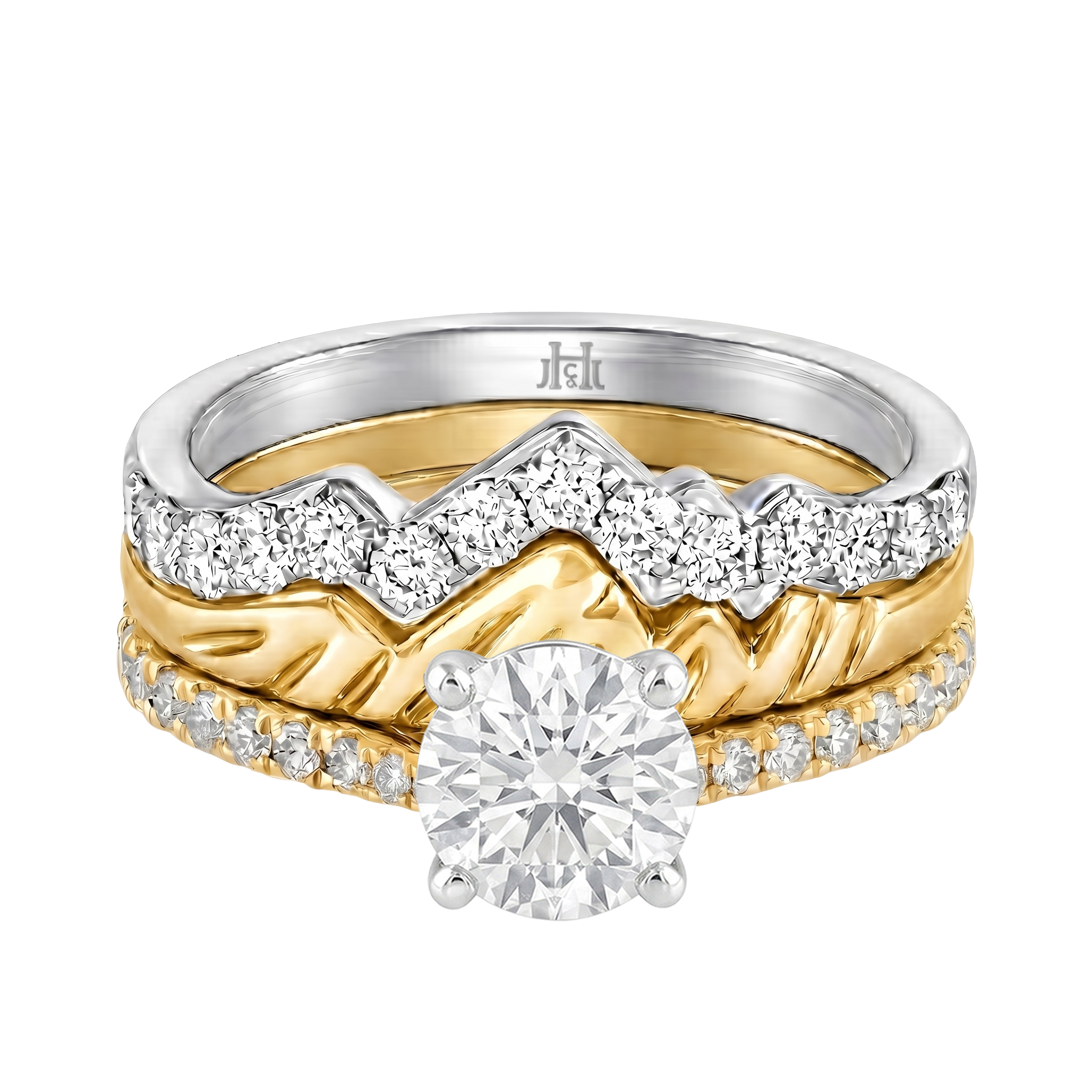 Le Grande Teton Round French Cut Diamond Solitaire Engagement Trio Stack Rings with Pavé Set in 18K Gold - Jackson Hole Jewelry Company