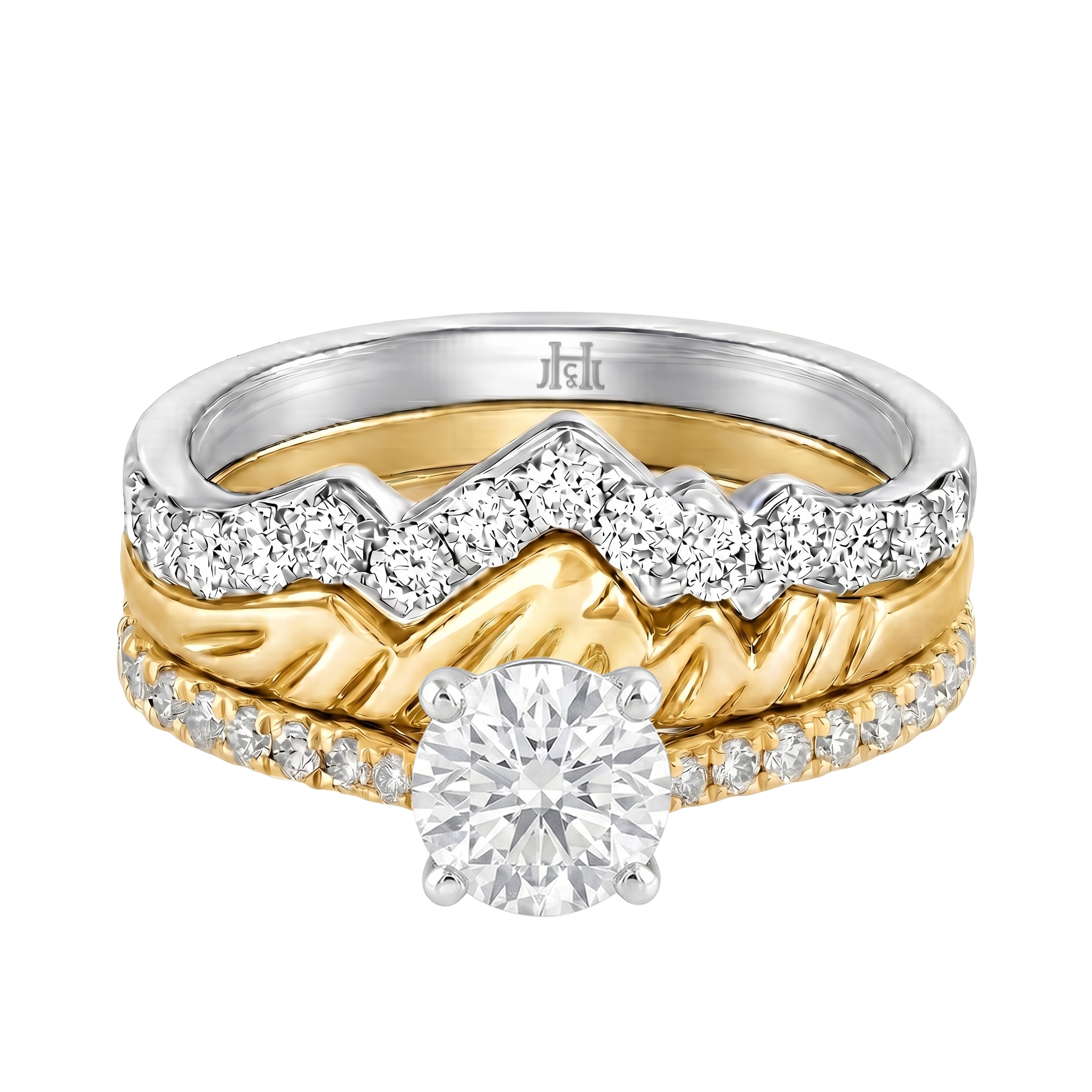 Le Grande Teton Round French Cut Diamond Solitaire Engagement Trio Stack Rings with Pavé Set in 18K Gold - Jackson Hole Jewelry Company