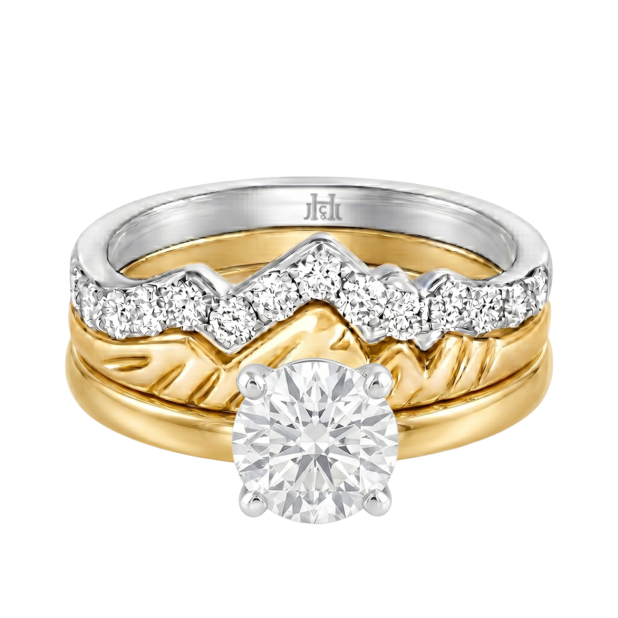 Le Grande Teton Round French Cut Diamond Solitaire Engagement Trio Stack Rings in 18K Gold - Jackson Hole Jewelry Company