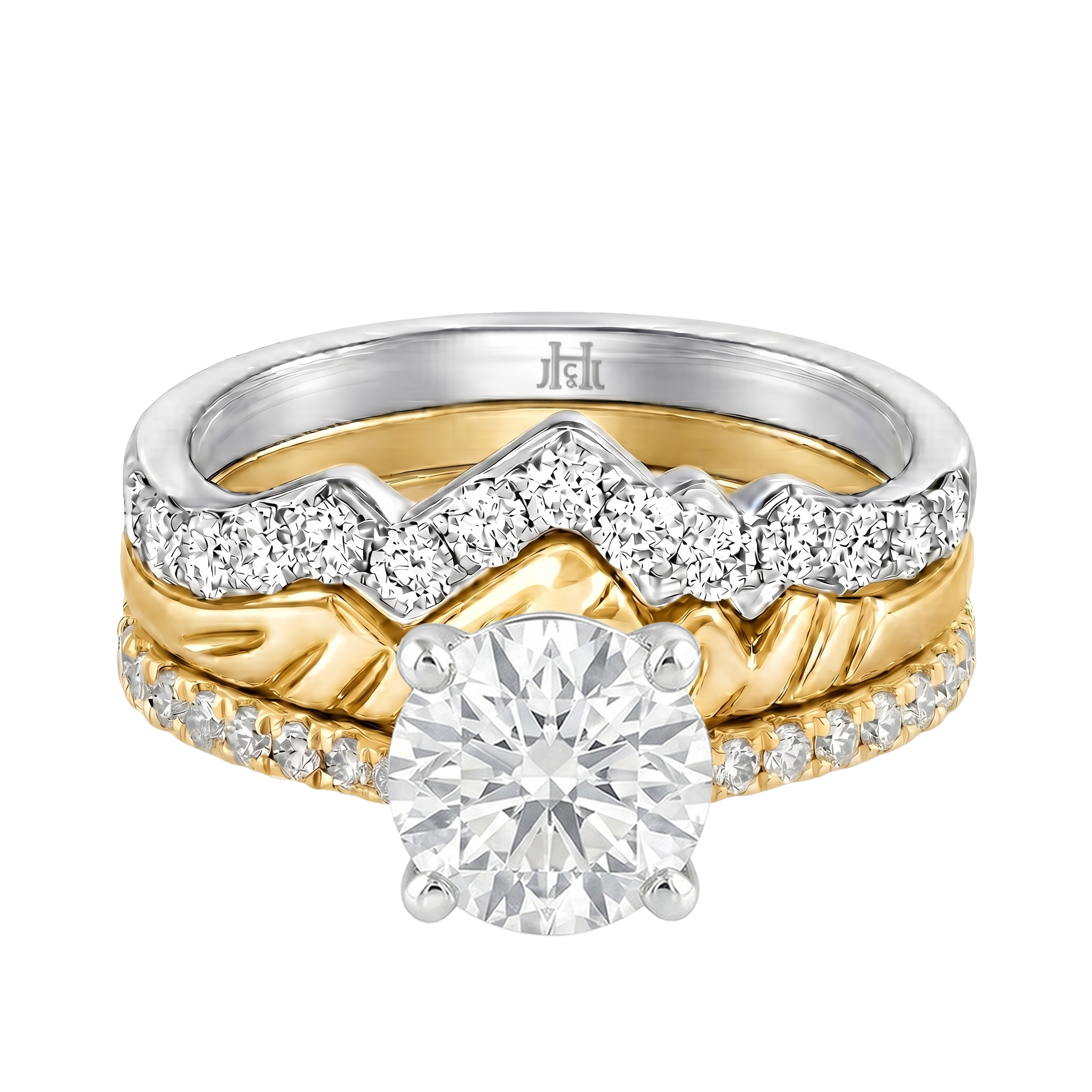 Le Grande Teton Round French Cut Diamond Solitaire Engagement Trio Stack Rings with Pavé Set in 18K Gold - Jackson Hole Jewelry Company