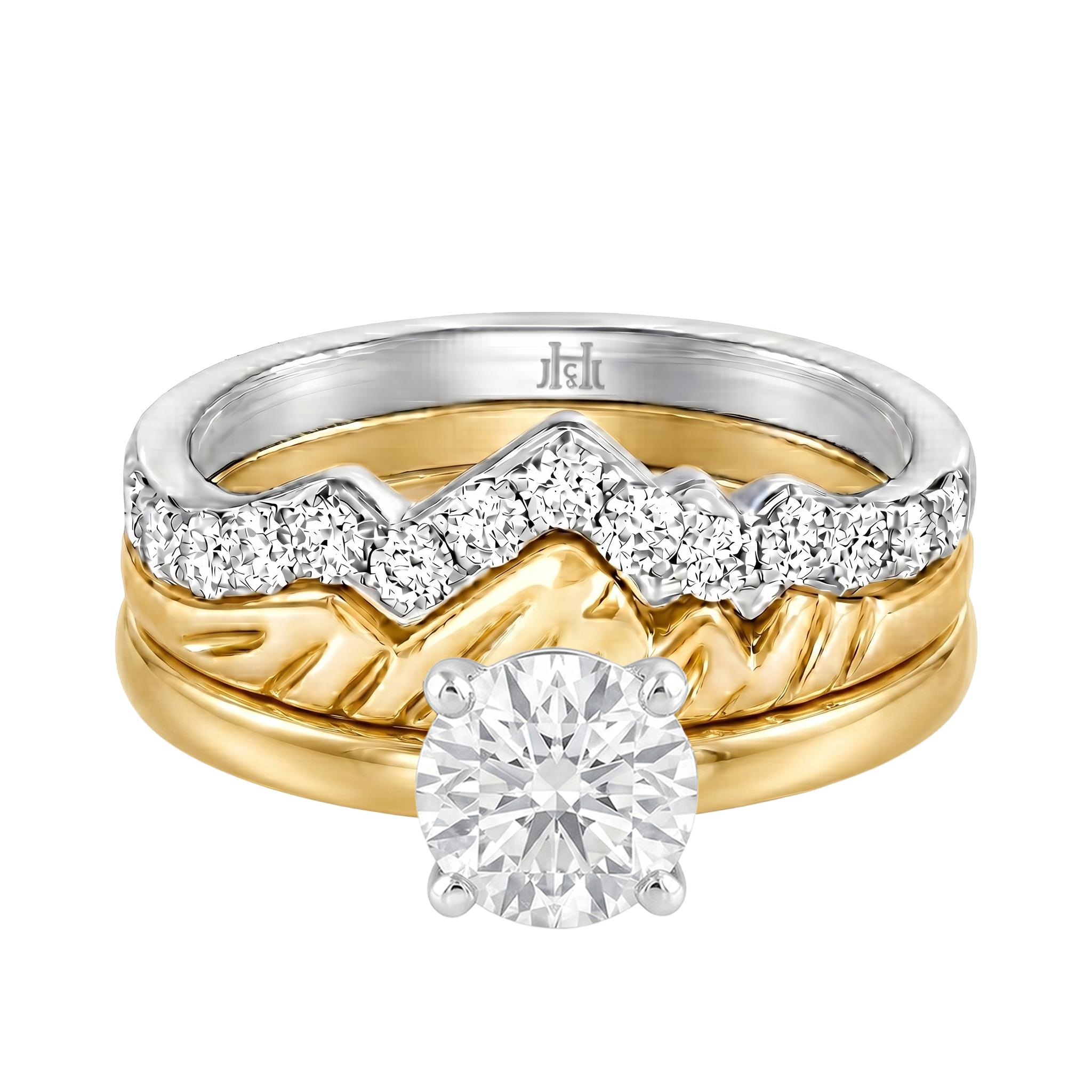 Le Grande Teton Round French Cut Diamond Solitaire Engagement Trio Stack Rings in 18K Gold - Jackson Hole Jewelry Company