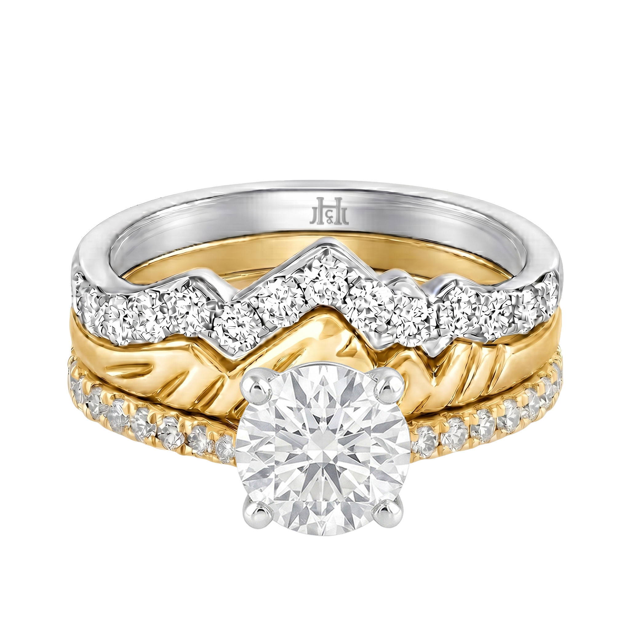 Le Grande Teton Round French Cut Diamond Solitaire Engagement Trio Stack Rings with Pavé Set in 18K Gold - Jackson Hole Jewelry Company