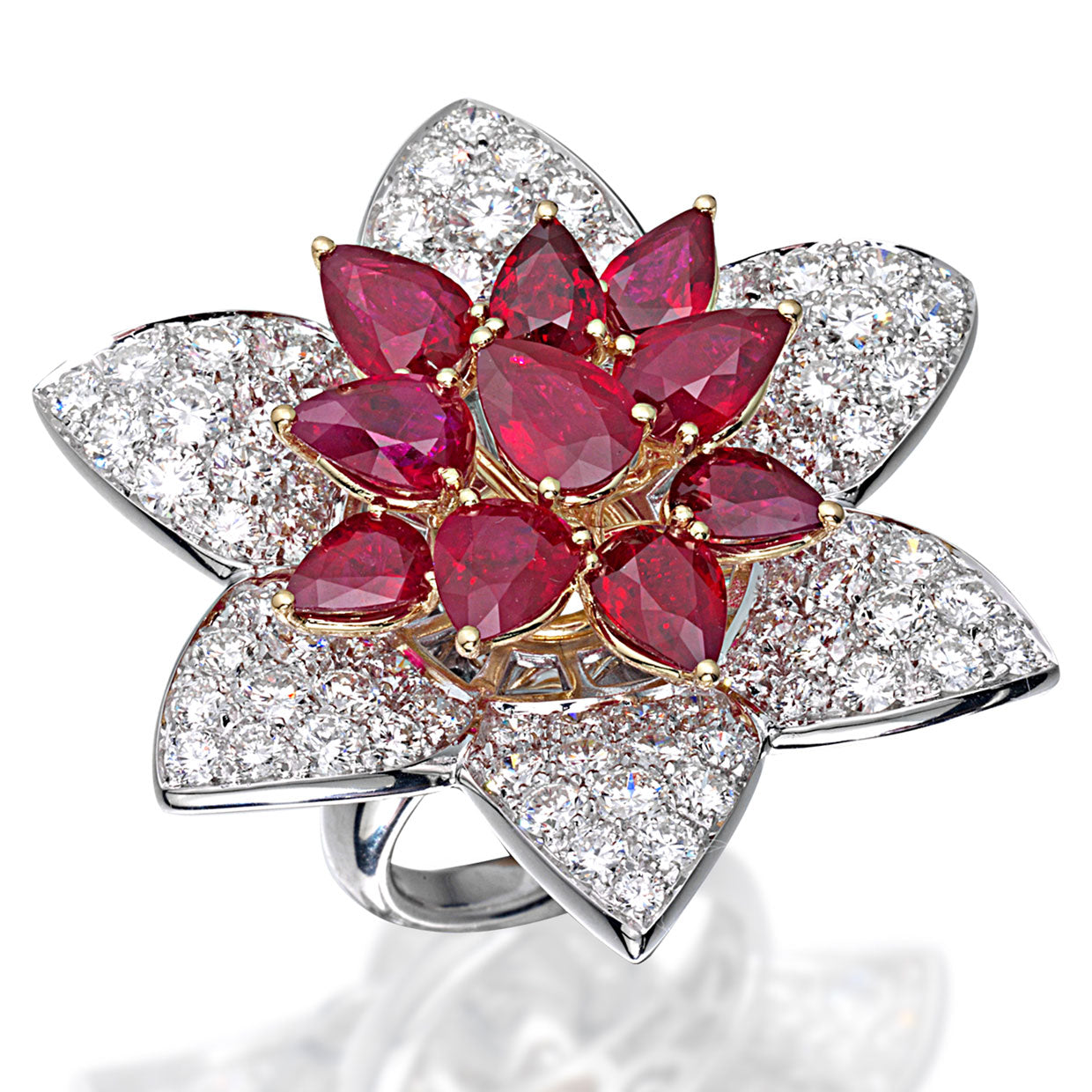 Picchiotti - Pear Shape Ruby and Diamond Flower Ring in 18K White & Yellow Gold - Jackson Hole Jewelry Company