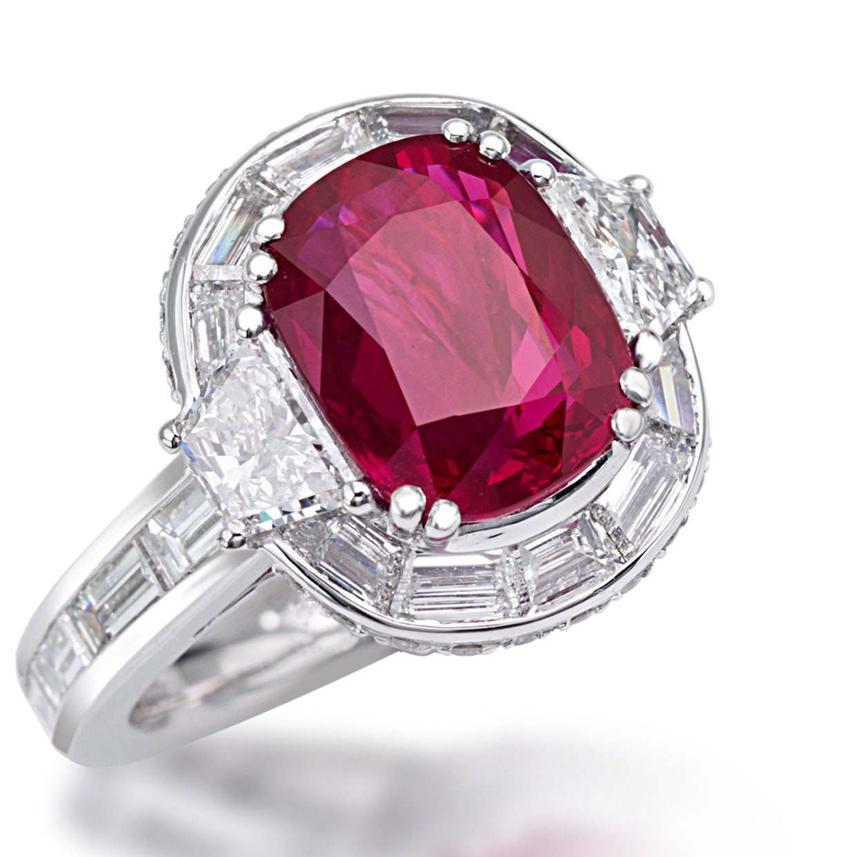Picchiotti - Cushion Ruby and Baguette-Cut White Diamond Ring in Platinum - Jackson Hole Jewelry Company