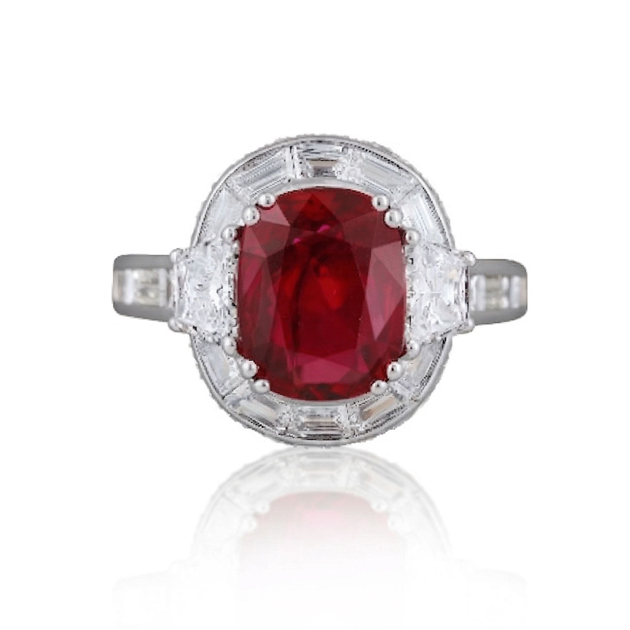 Picchiotti - Cushion Ruby and Baguette-Cut White Diamond Ring in Platinum - Jackson Hole Jewelry Company