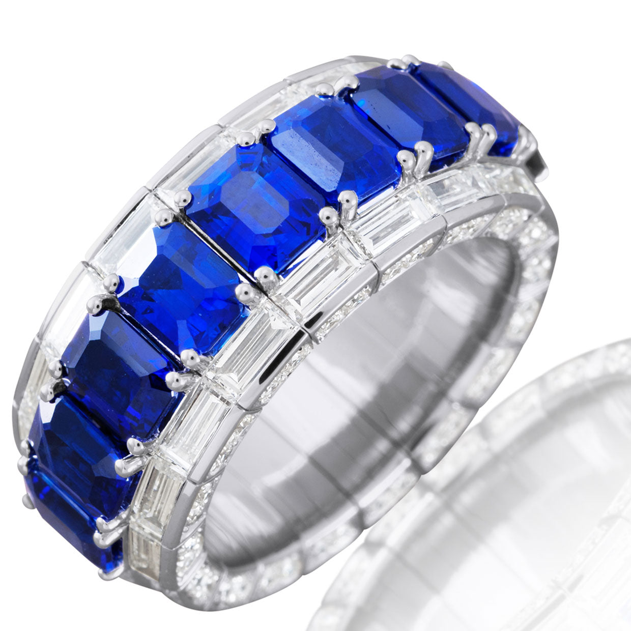 Picchiotti - Xpandable™ Octagonal Blue Sapphire and Baguette-Cut Diamond Half Way Ring in 18K White Gold - Jackson Hole Jewelry Company