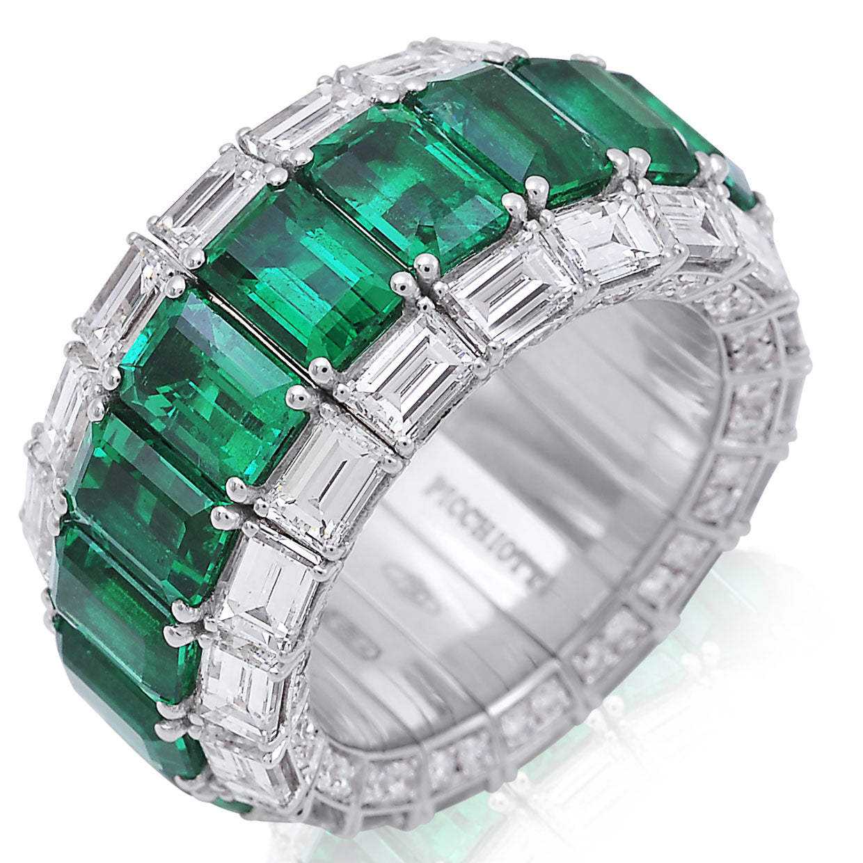 Picchiotti - Xpandable™ 3-Row Baguette-Cut Emerald and Diamond Ring in 18K White Gold - Jackson Hole Jewelry Company