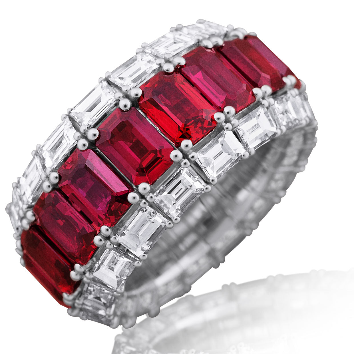 Picchiotti - Xpandable™ Baguette-Cut Ruby and Round Diamond Ring in 18K White Gold - Jackson Hole Jewelry Company