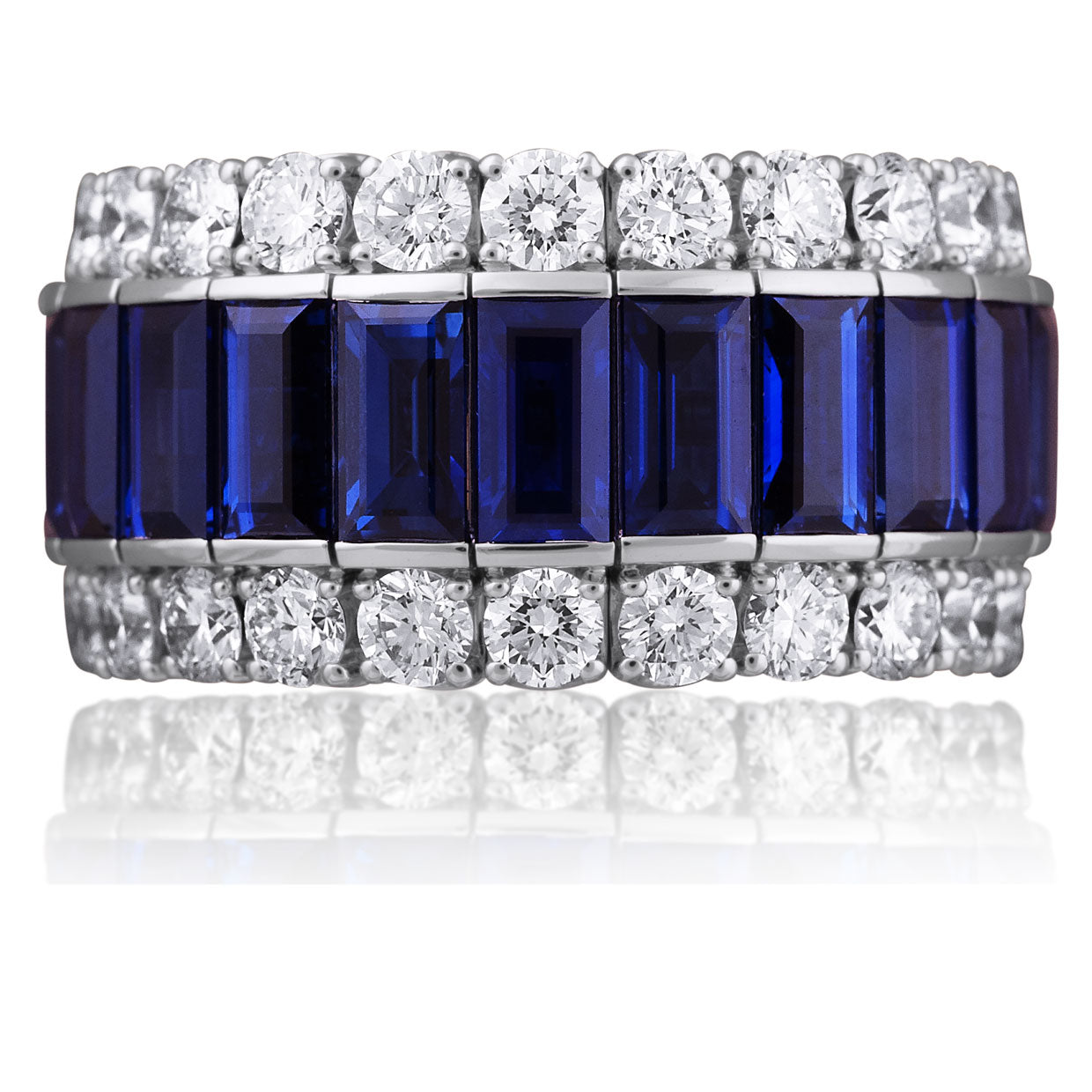 Picchiotti - Xpandable™ Baguette-Cut Blue Sapphire and Round Diamond Ring in 18K White Gold - Jackson Hole Jewelry Company