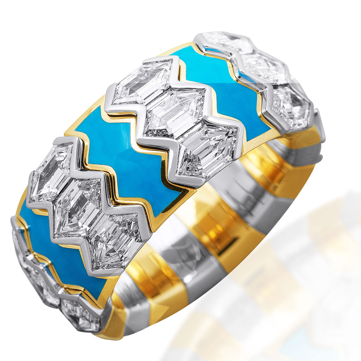 Picchiotti - Xpandable™ Hexagonal-Cut Diamond and Turquoise Ring in 18K White and Yellow Gold - Jackson Hole Jewelry Company