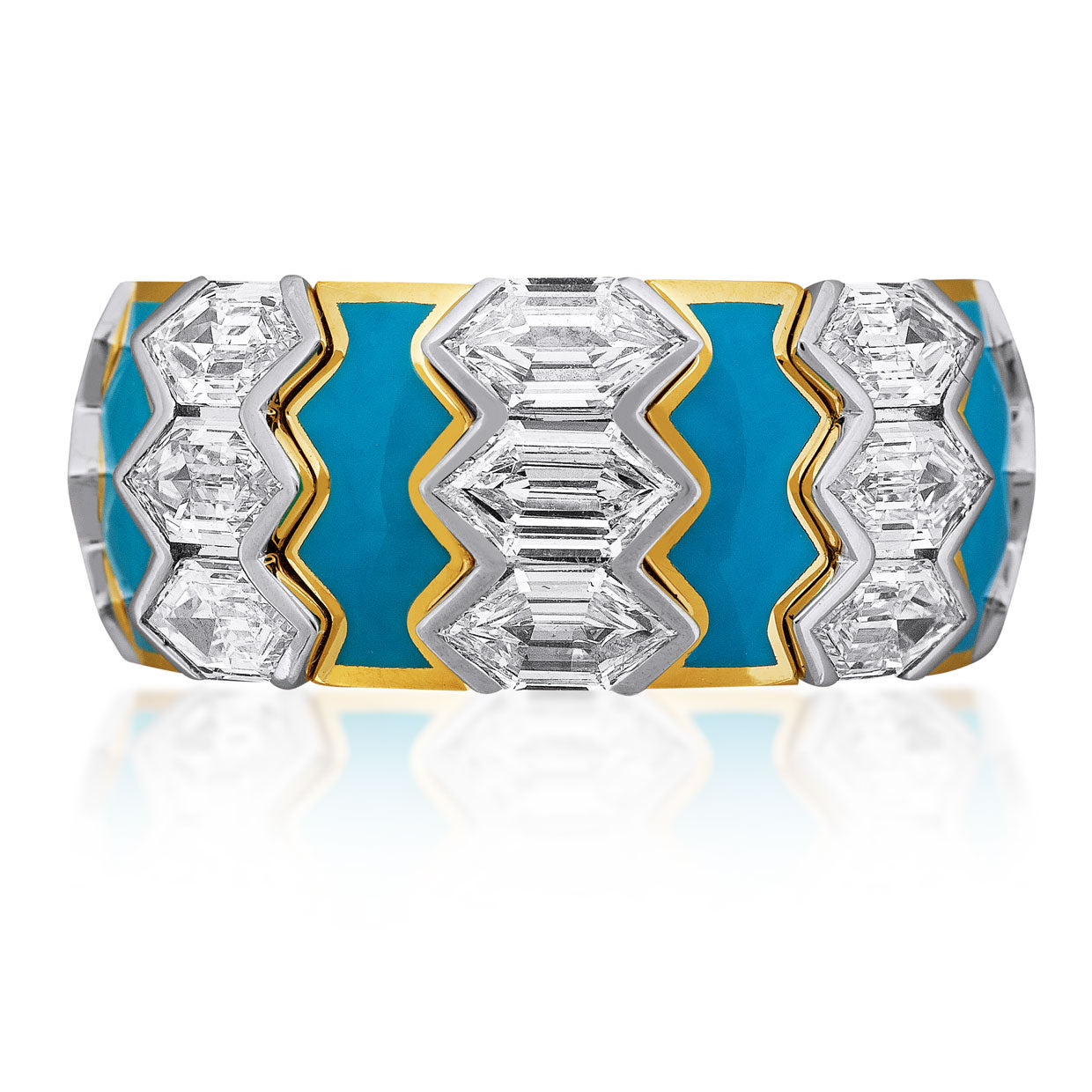 Picchiotti - Xpandable™ Hexagonal-Cut Diamond and Turquoise Ring in 18K White and Yellow Gold - Jackson Hole Jewelry Company