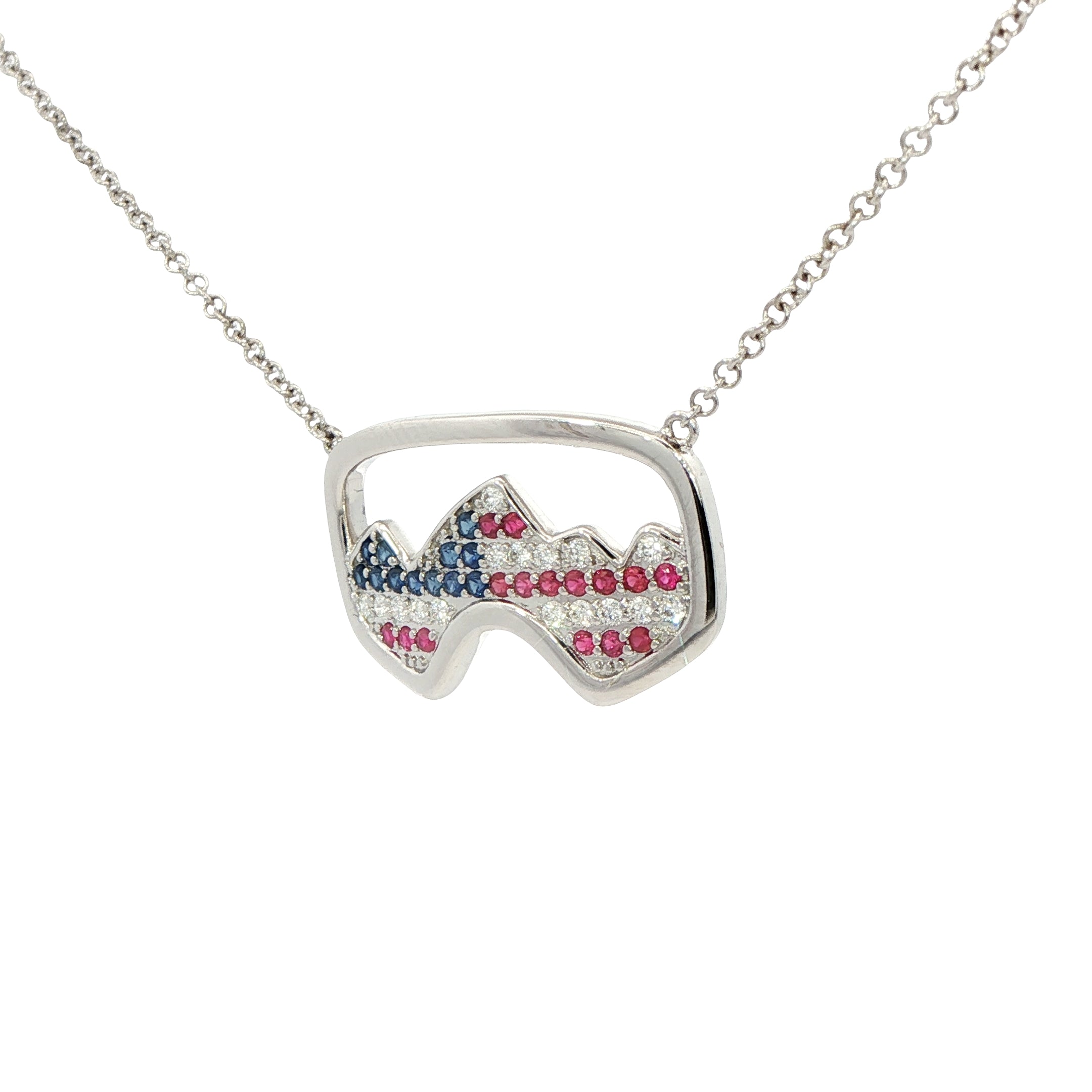 USA SKi goggle Diamond Necklace with Rubies and Sapphires in 18K White Gold - Jackson Hole Jewelry Company