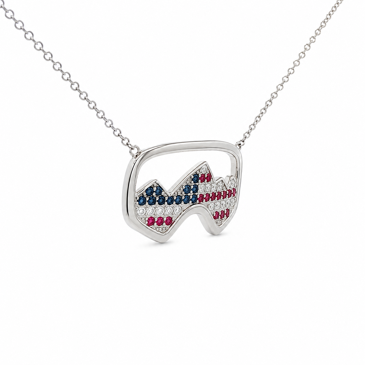 USA Ski Goggle Diamond Necklace with Rubies and Sapphires in 18K White Gold - Jackson Hole Jewelry Company