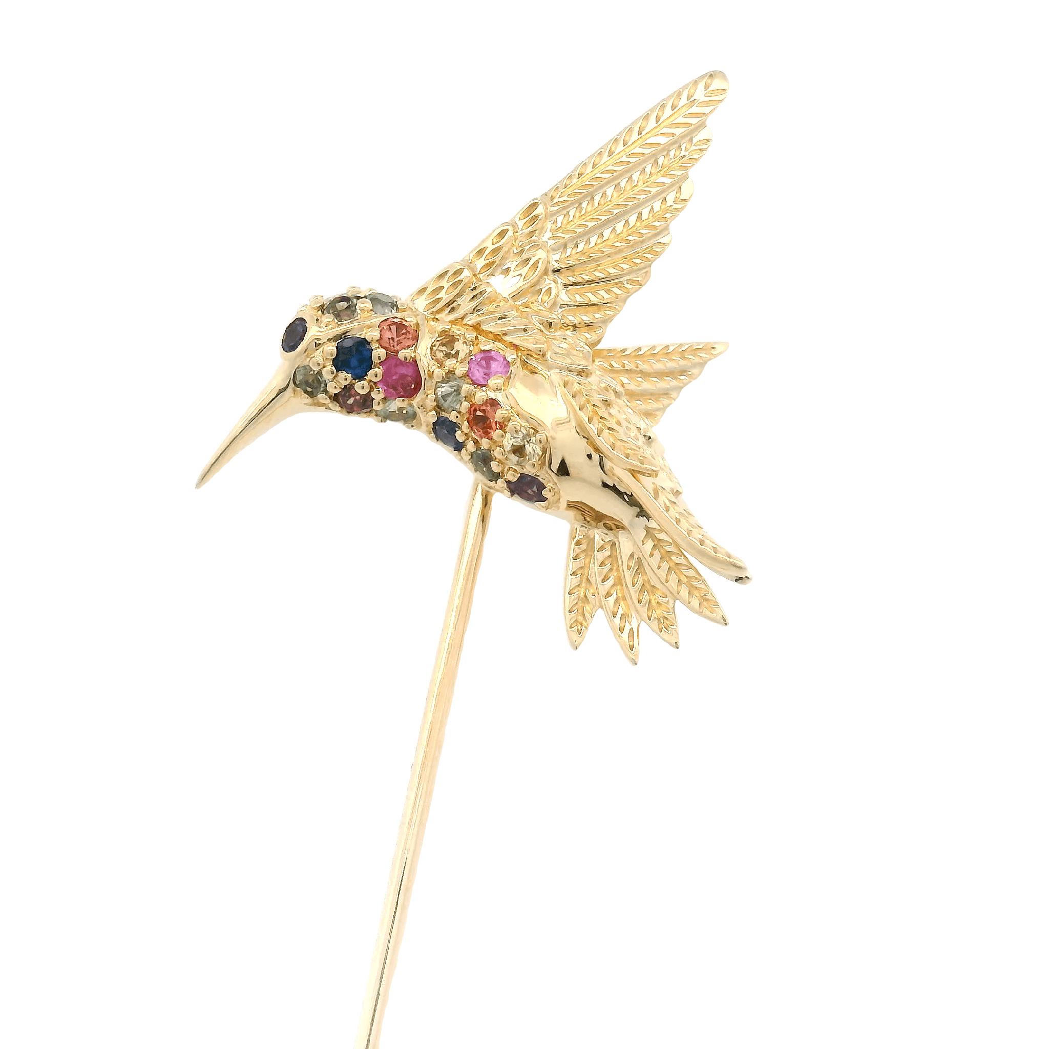 Small 18K Yellow Gold Hummingbird Pin/Pendant with 19 Montana Sapphires=.38cttw Amethyst 0.02ct - Jackson Hole Jewelry Company