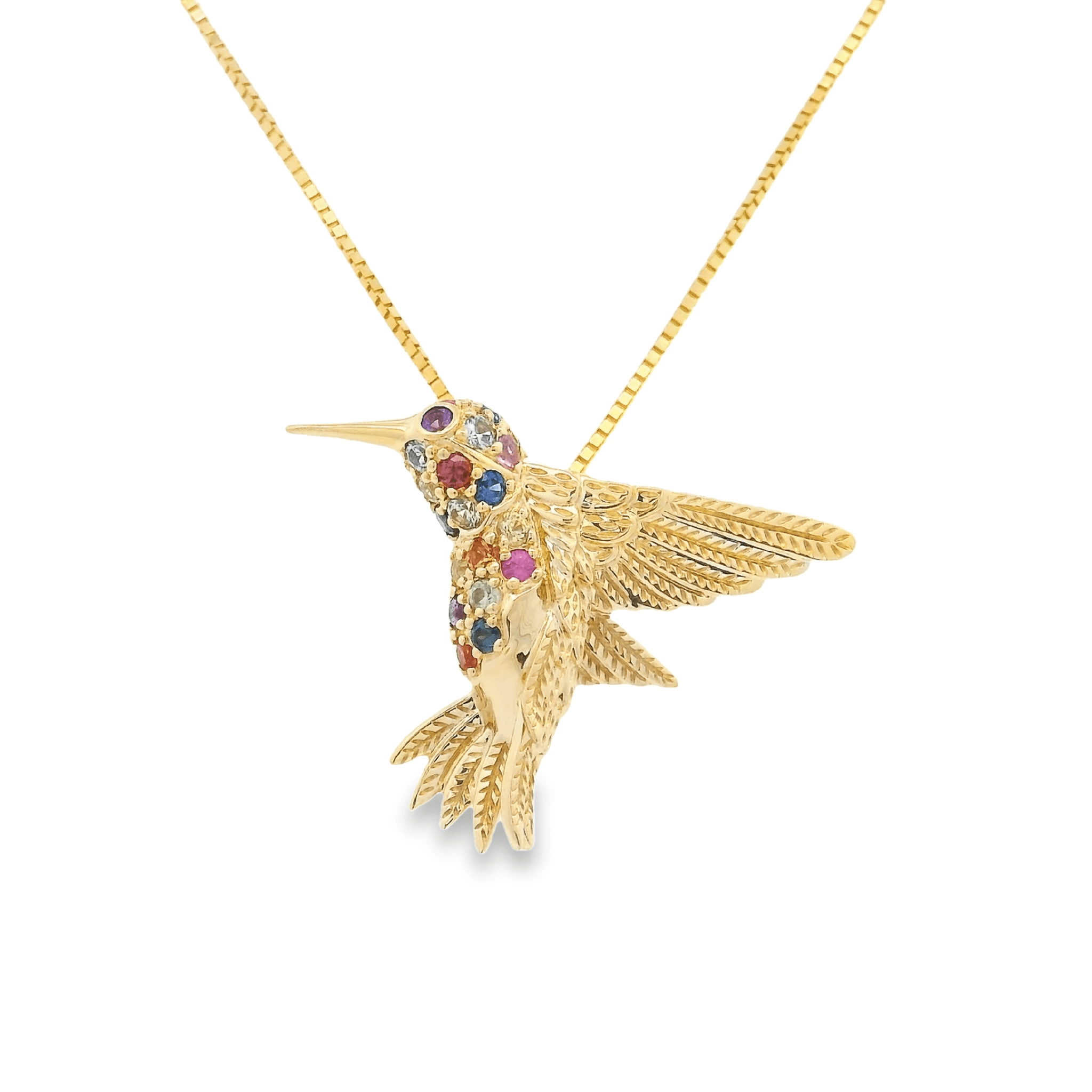 Small 18K Yellow Gold Hummingbird Pin/Pendant with 19 Montana Sapphires=.38cttw Amethyst 0.02ct - Jackson Hole Jewelry Company